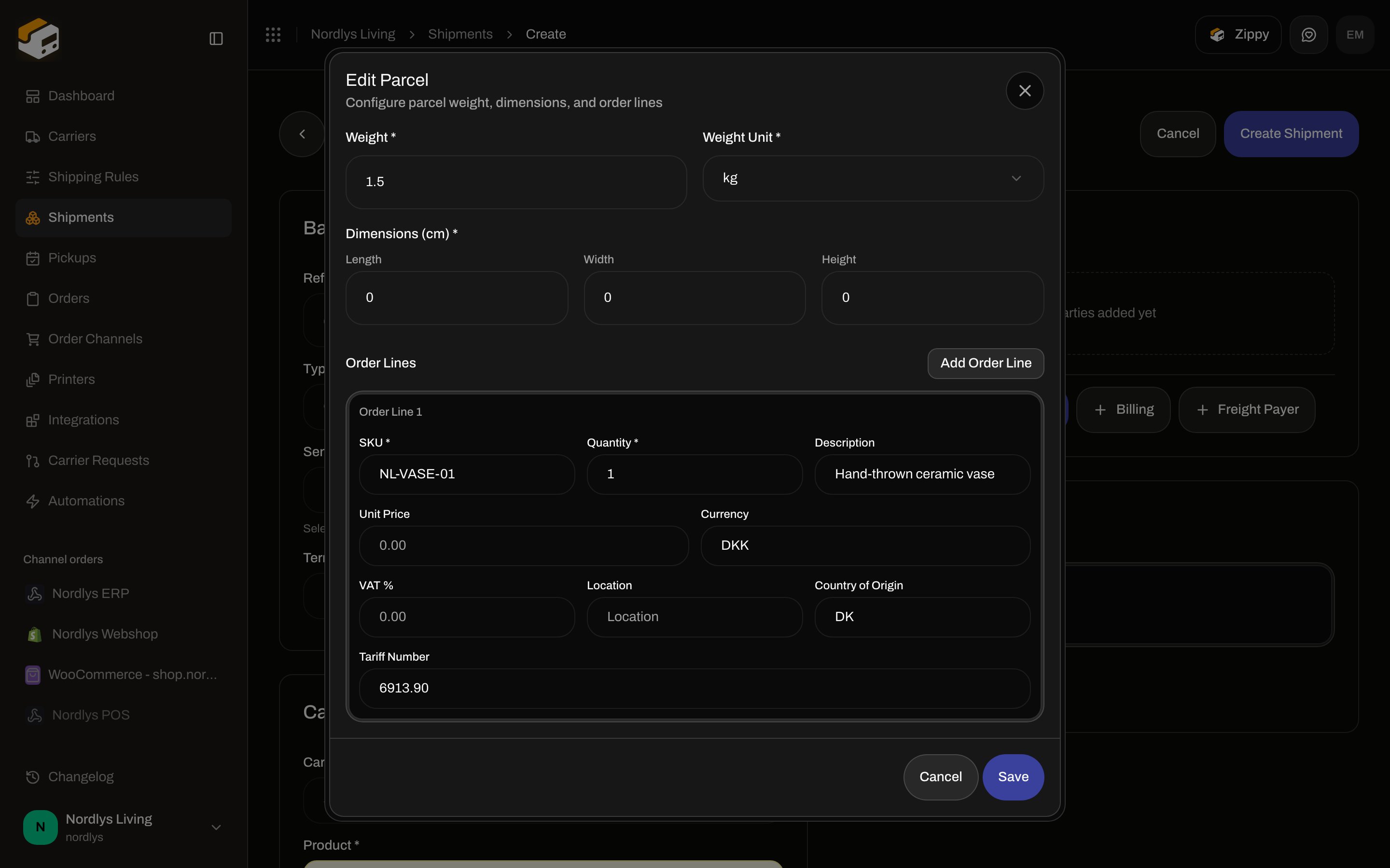 Edit Parcel dialog with weight, SKU, country of origin, and tariff number