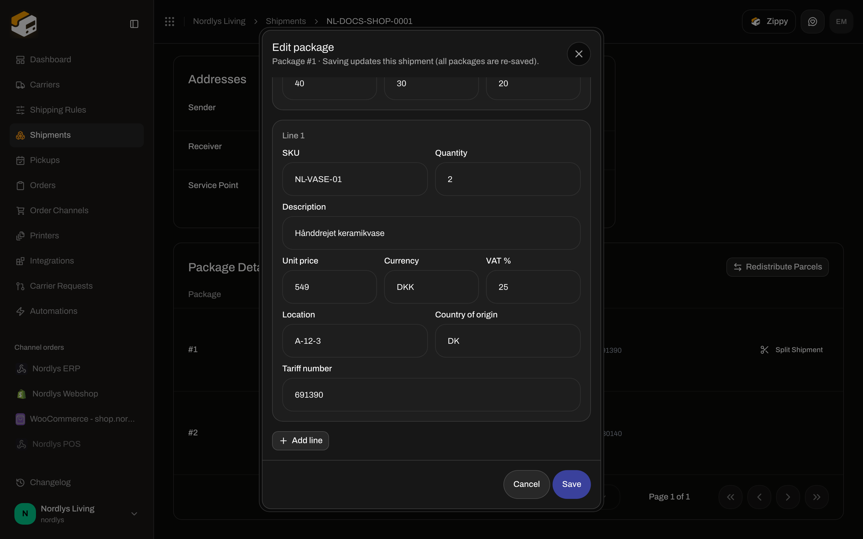Edit package modal with weight, country of origin, and tariff number