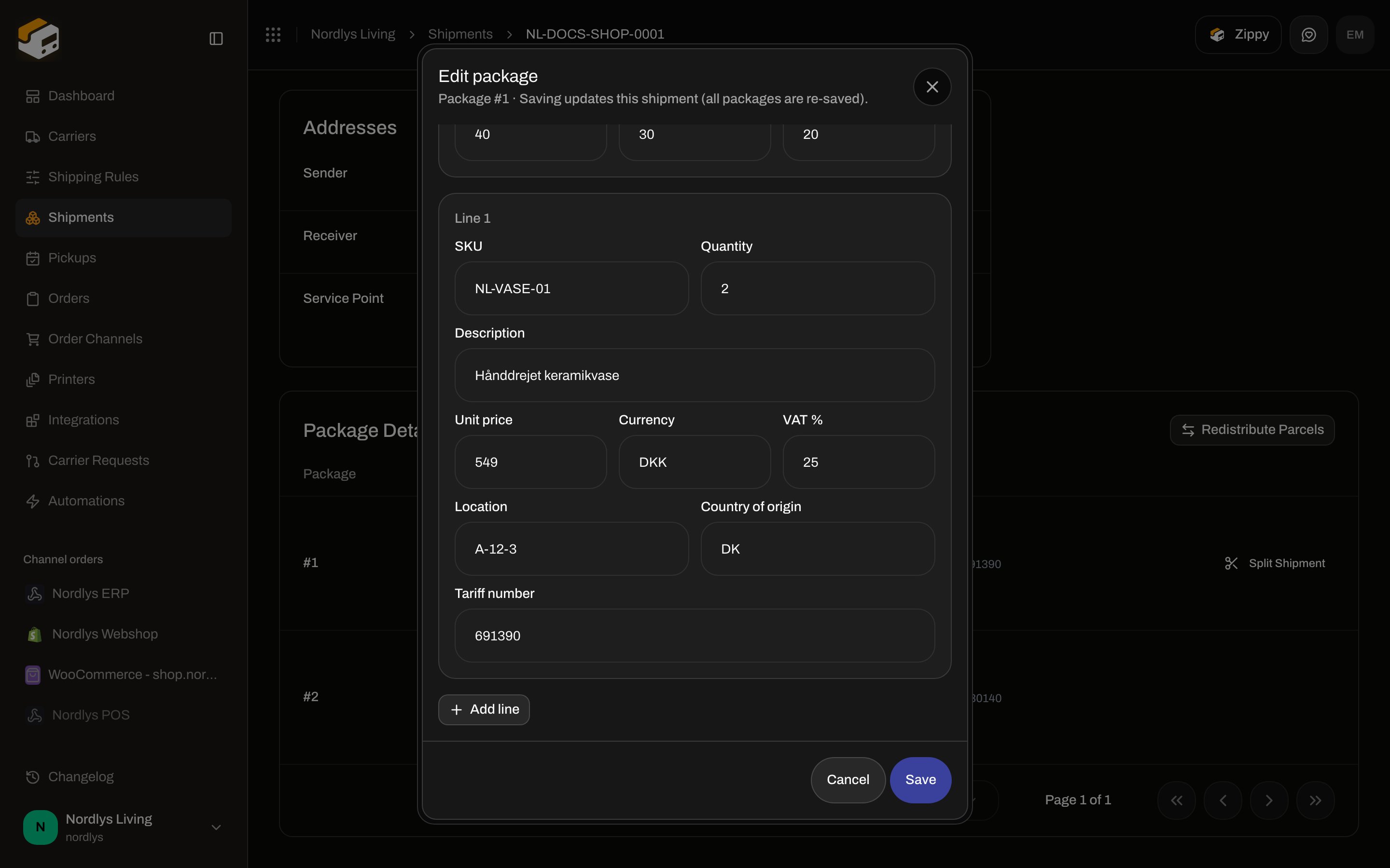 Edit package modal with weight, country of origin, and tariff number