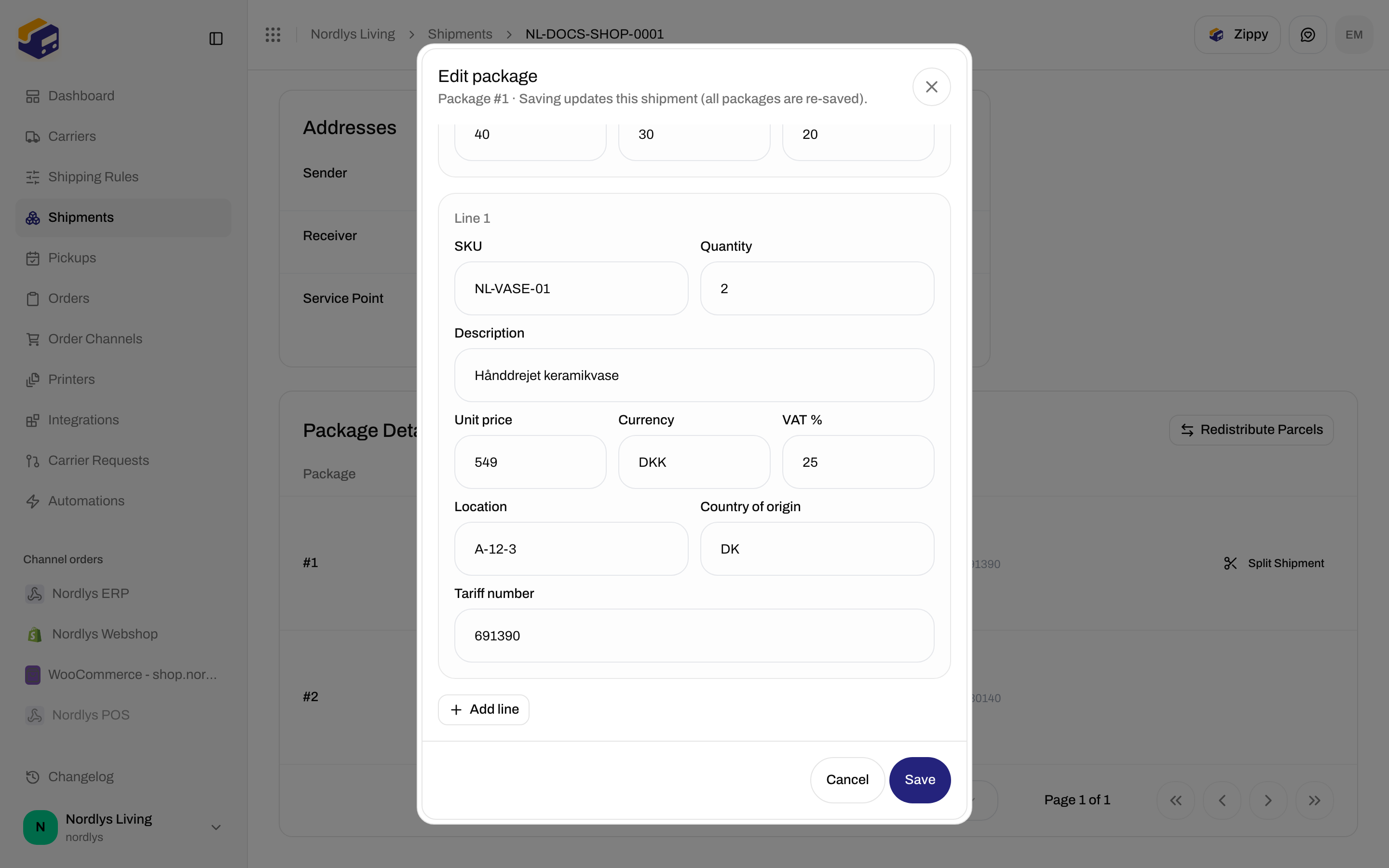 Edit package modal with weight, country of origin, and tariff number