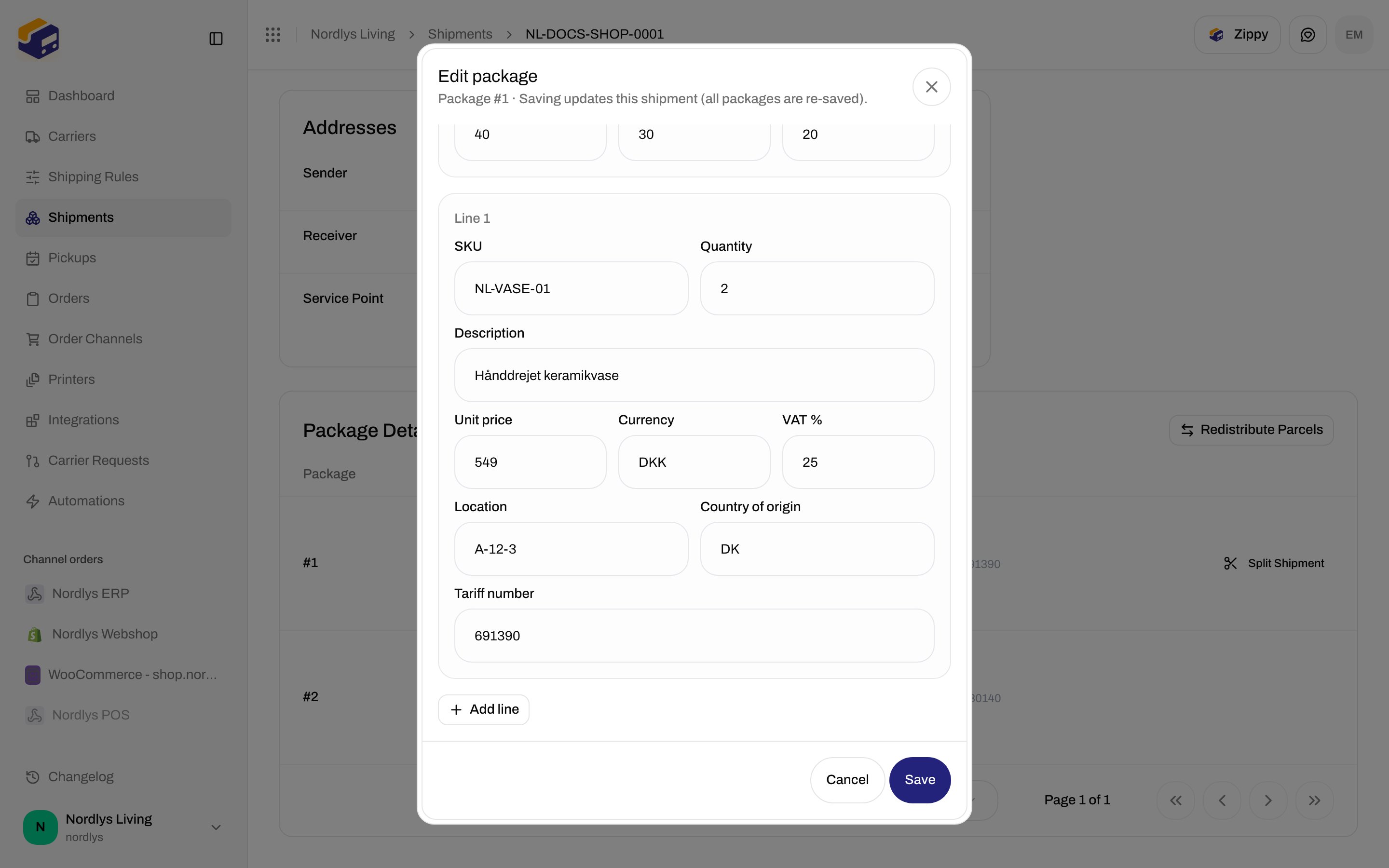 Edit package modal with weight, country of origin, and tariff number