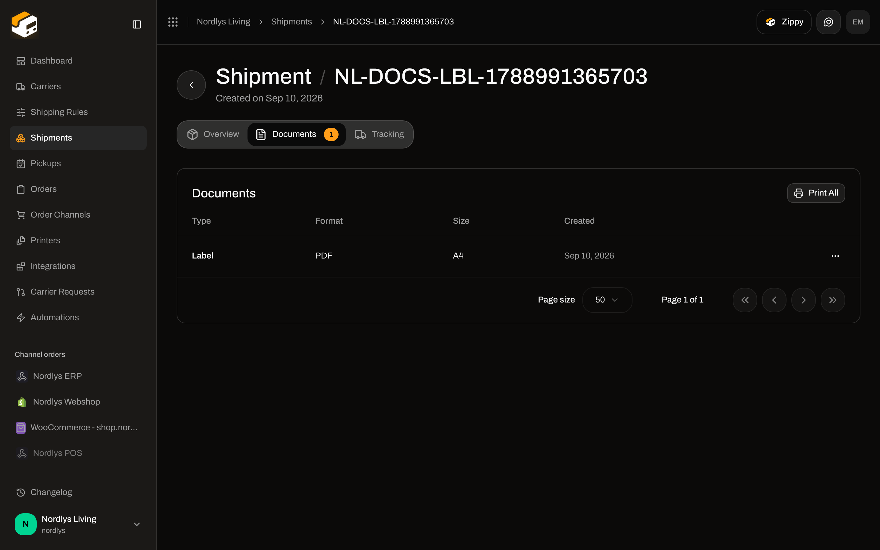 Shipment Documents tab with a Label PDF row and Print All