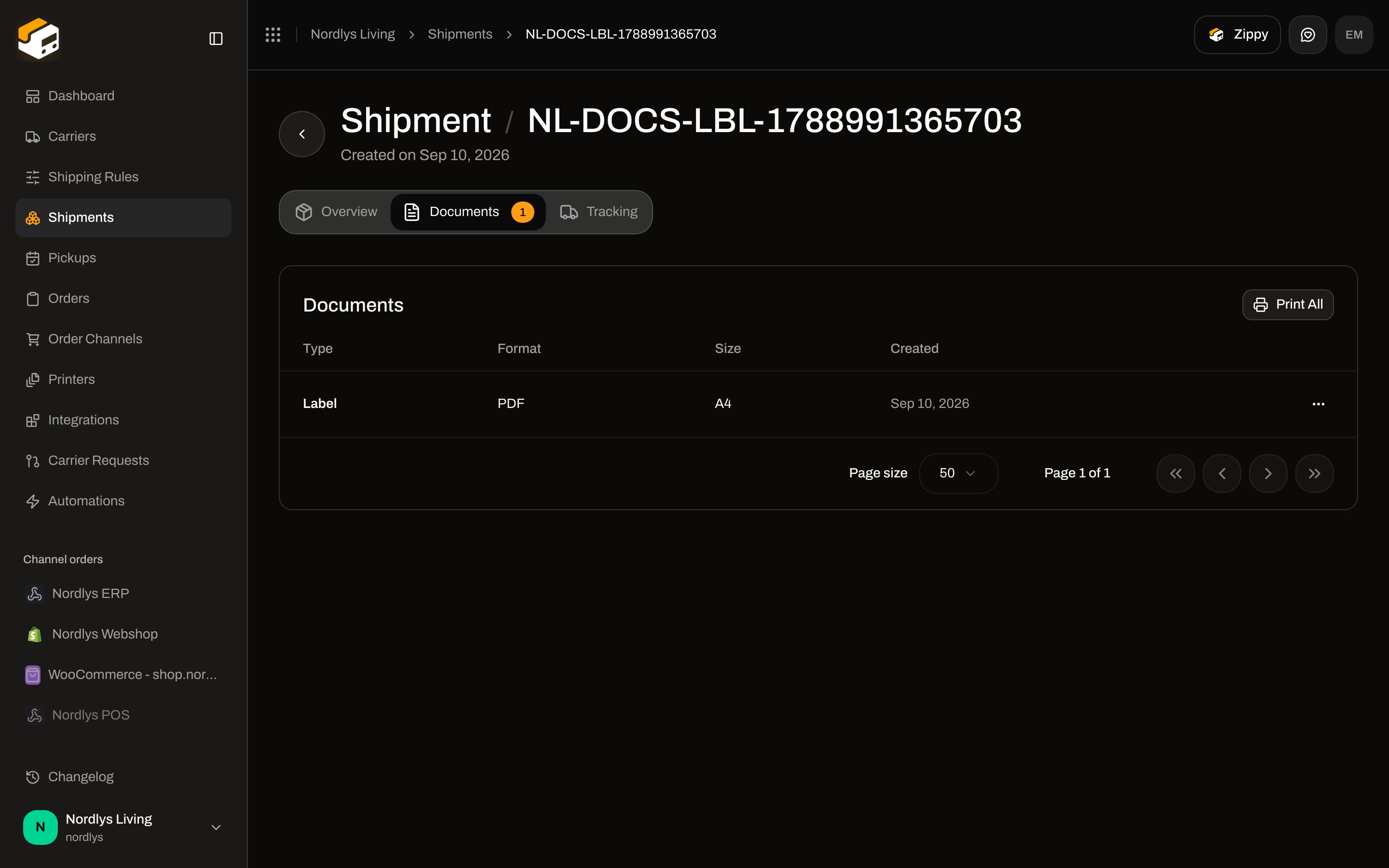 Shipment Documents tab with a Label PDF row and Print All