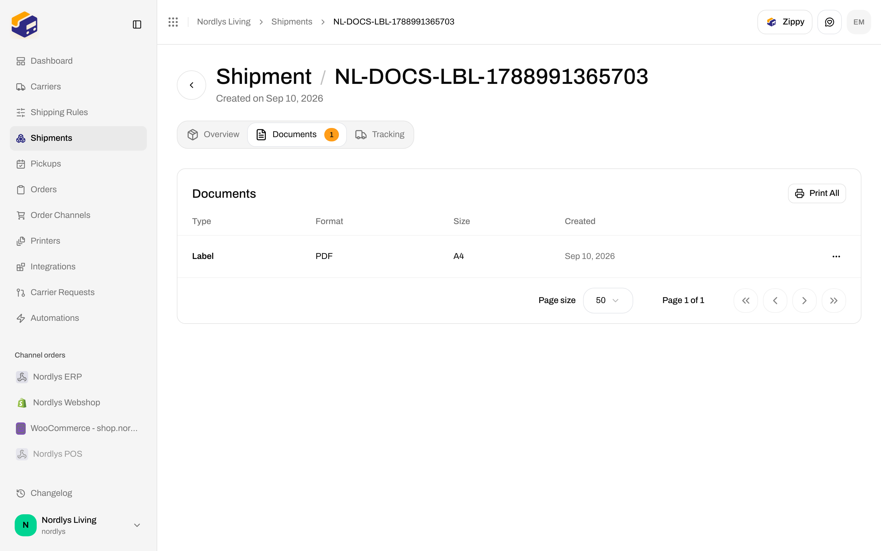 Shipment Documents tab with a Label PDF row and Print All