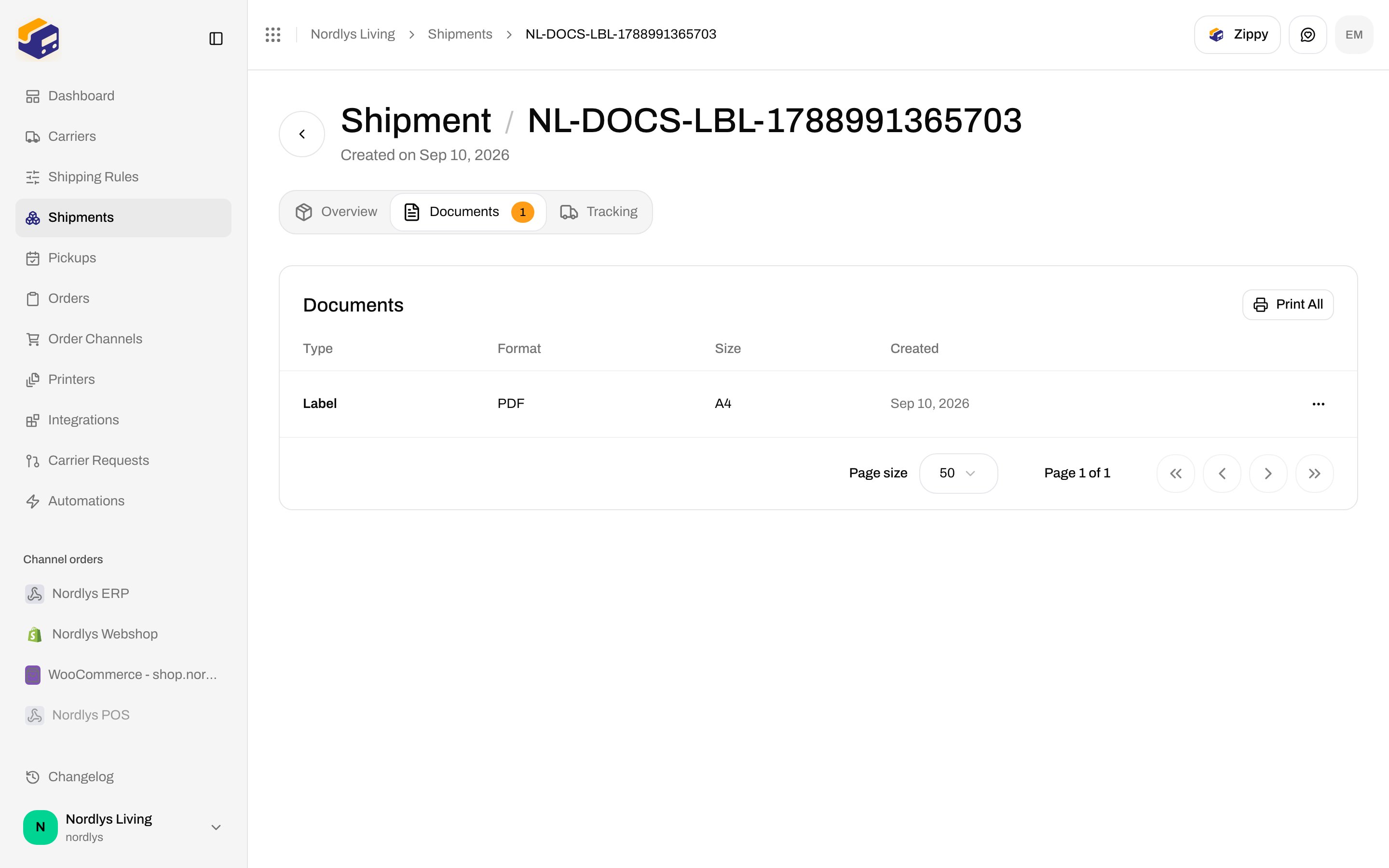 Shipment Documents tab with a Label PDF row and Print All