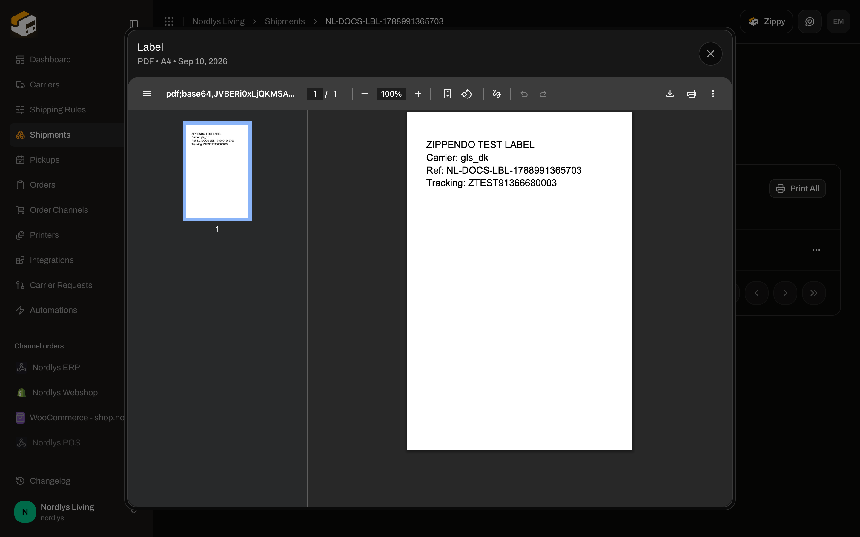 Document viewer modal titled Label showing a PDF shipping label