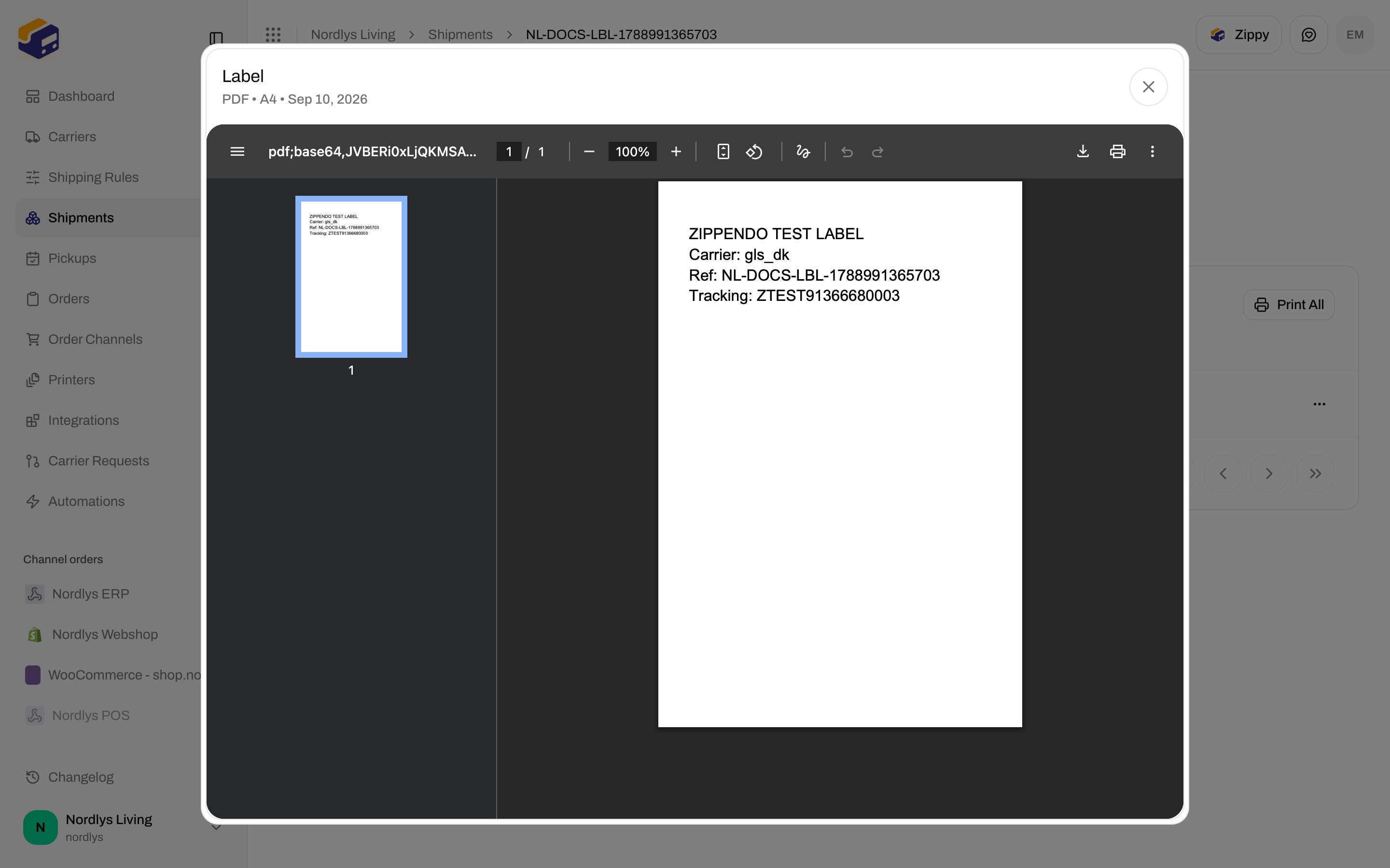 Document viewer modal titled Label showing a PDF shipping label