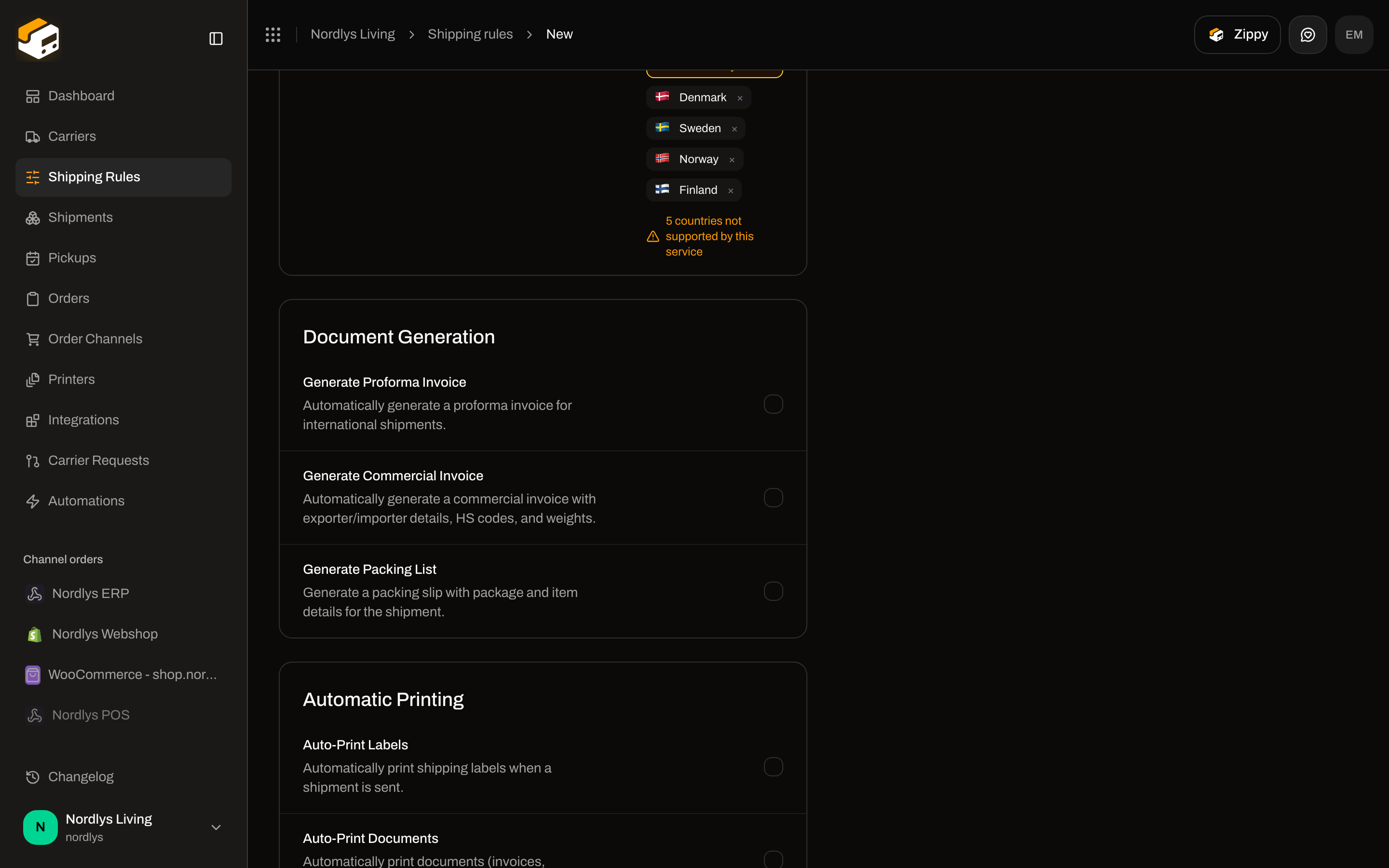 Shipping rule form Document Generation with invoice and packing list checkboxes