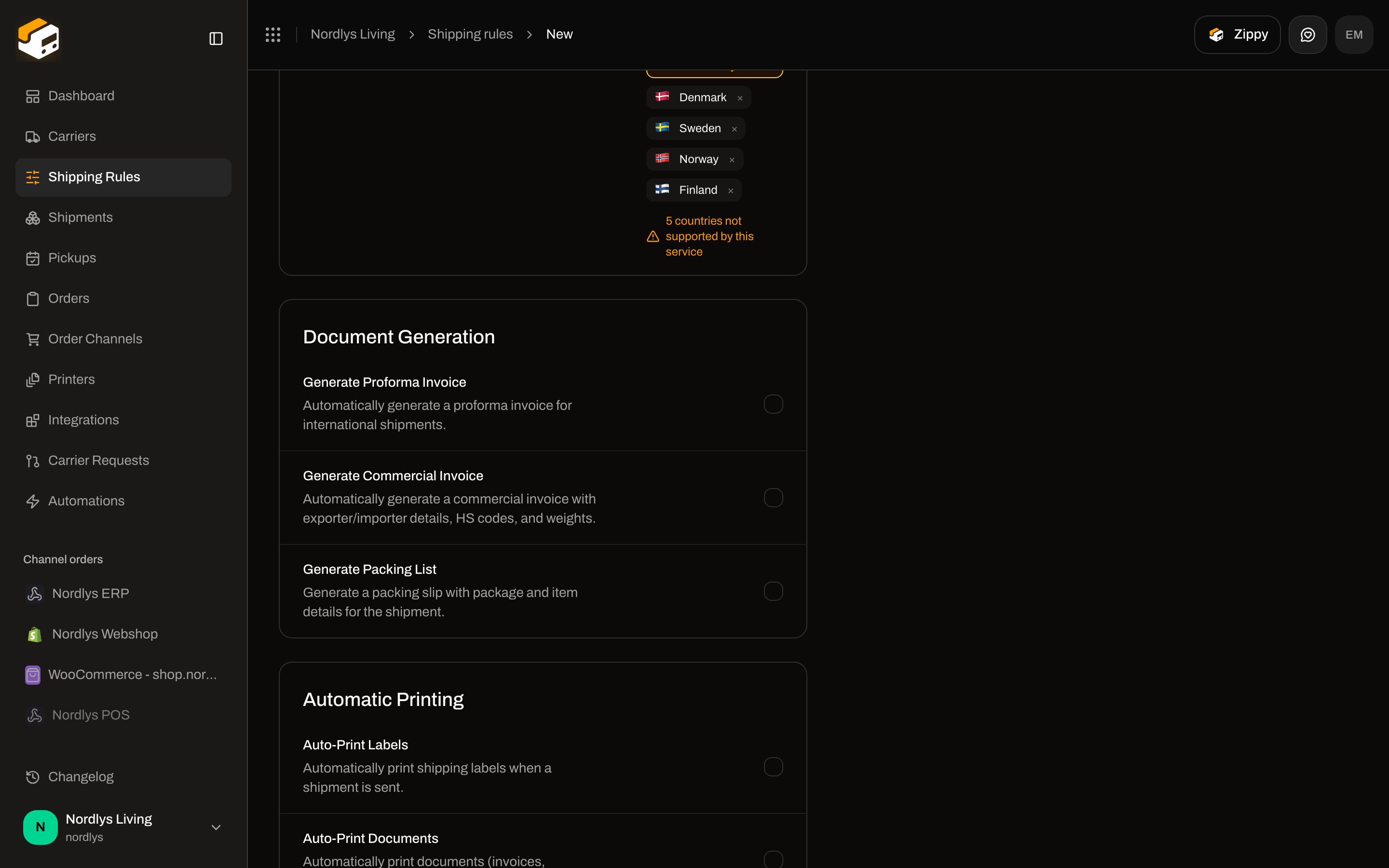 Shipping rule form Document Generation with invoice and packing list checkboxes