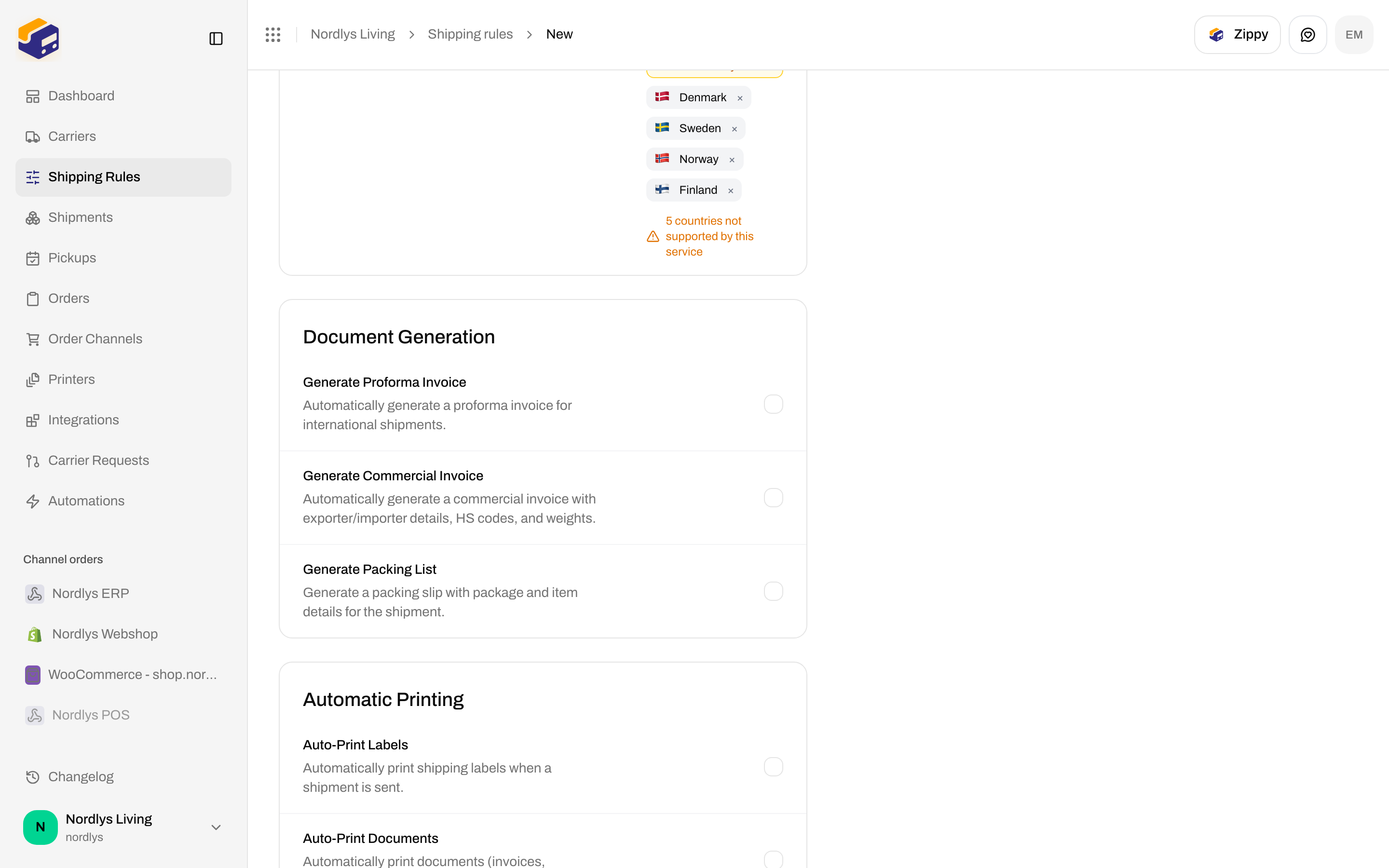 Shipping rule form Document Generation with invoice and packing list checkboxes
