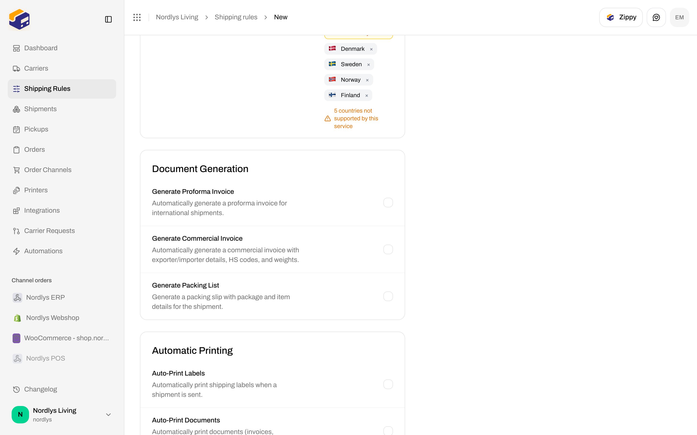 Shipping rule form Document Generation with invoice and packing list checkboxes
