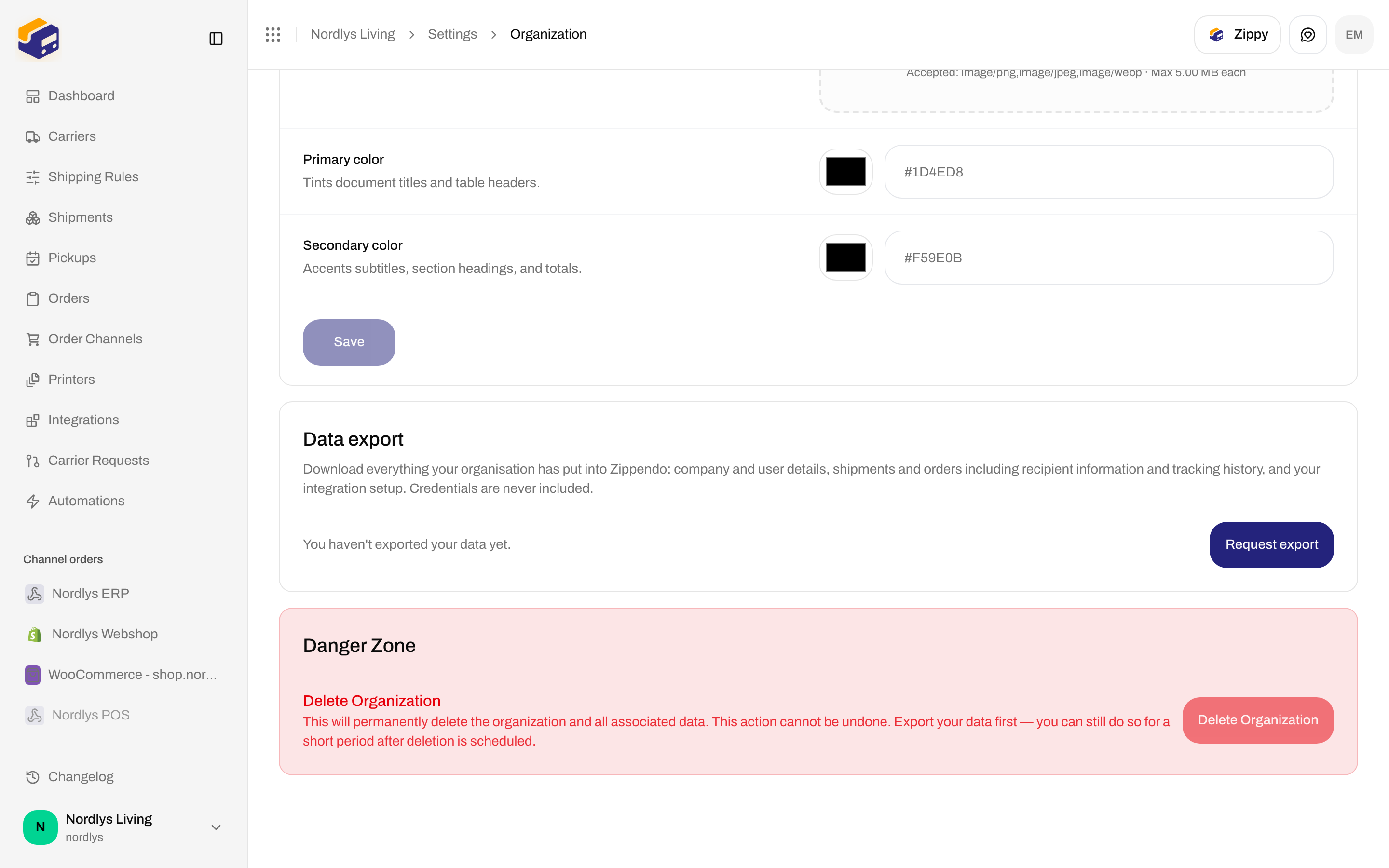 Danger Zone with Delete Organization heading and a disabled Delete Organization button