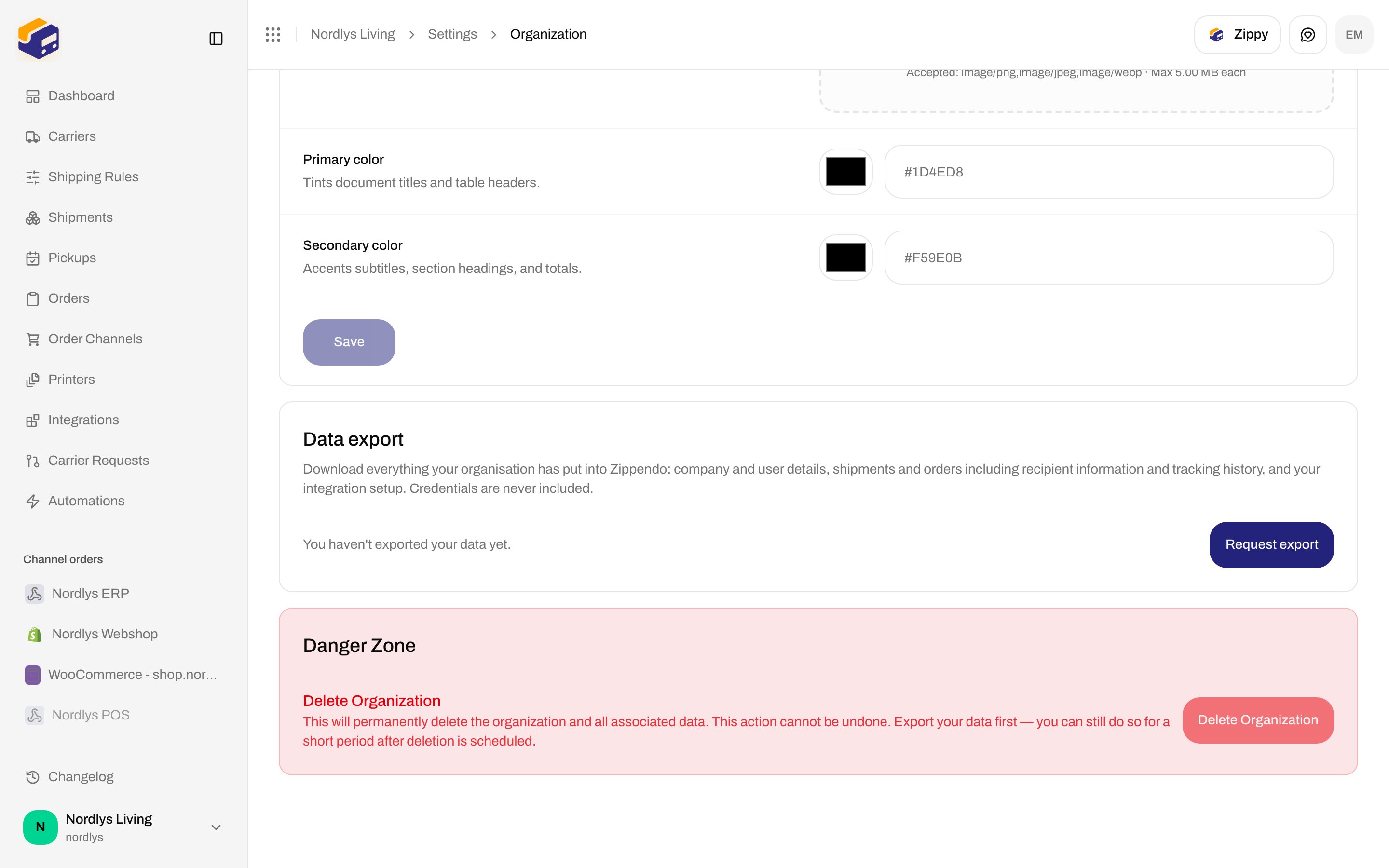 Danger Zone with Delete Organization heading and a disabled Delete Organization button