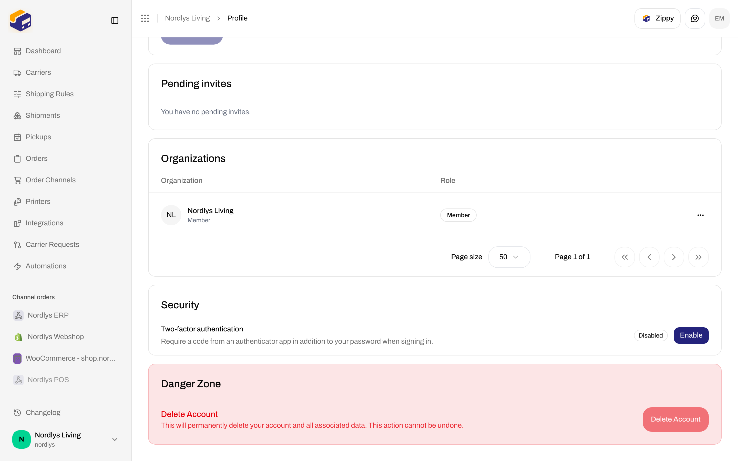 Danger Zone with Delete Account heading and a disabled Delete Account button