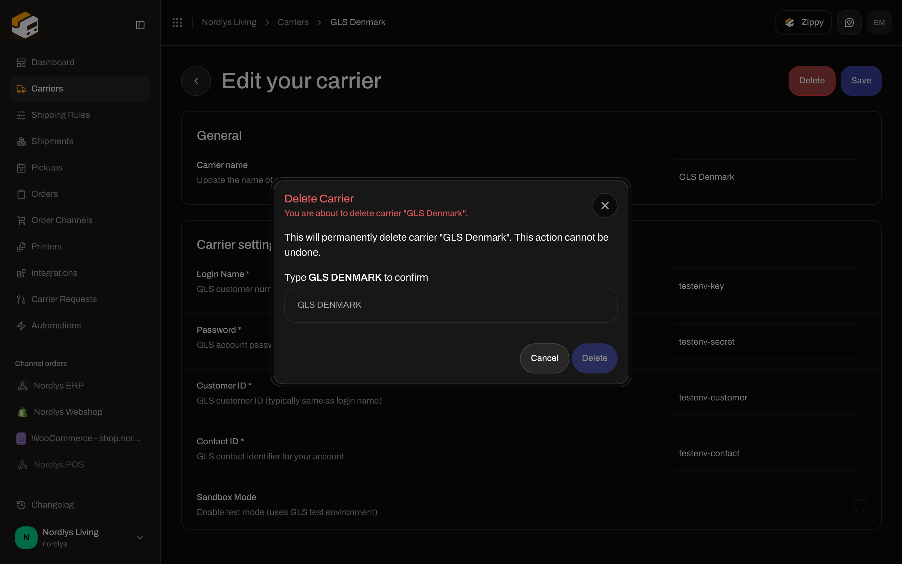 Delete Carrier dialog asking you to type the carrier name in uppercase