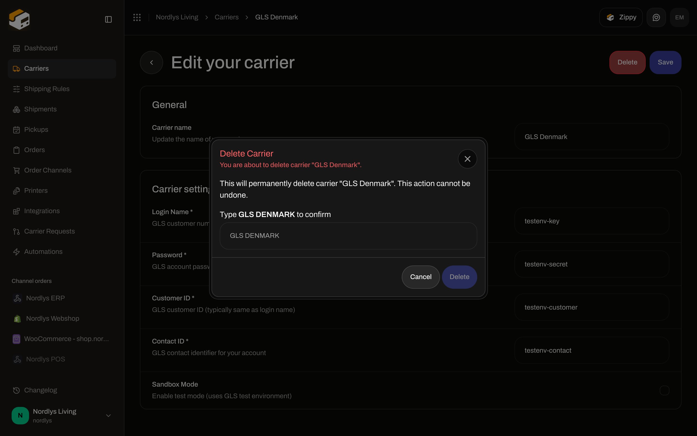 Delete Carrier dialog asking you to type the carrier name in uppercase
