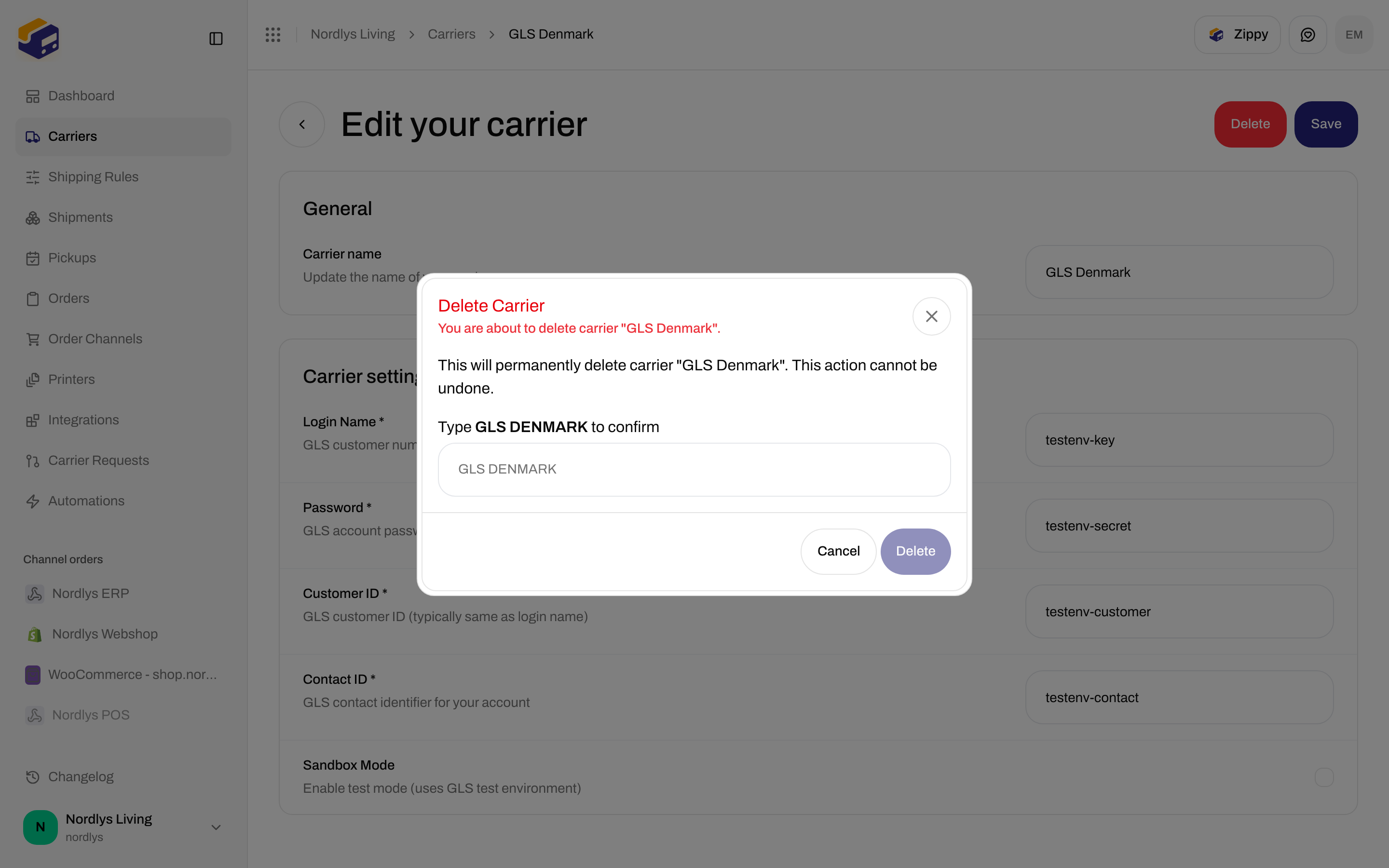 Delete Carrier dialog asking you to type the carrier name in uppercase