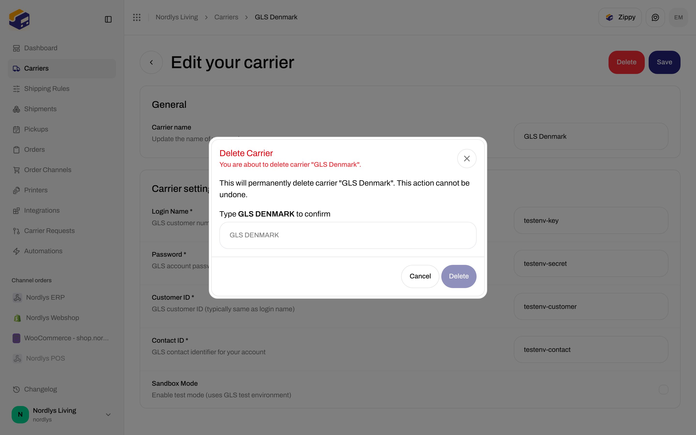 Delete Carrier dialog asking you to type the carrier name in uppercase