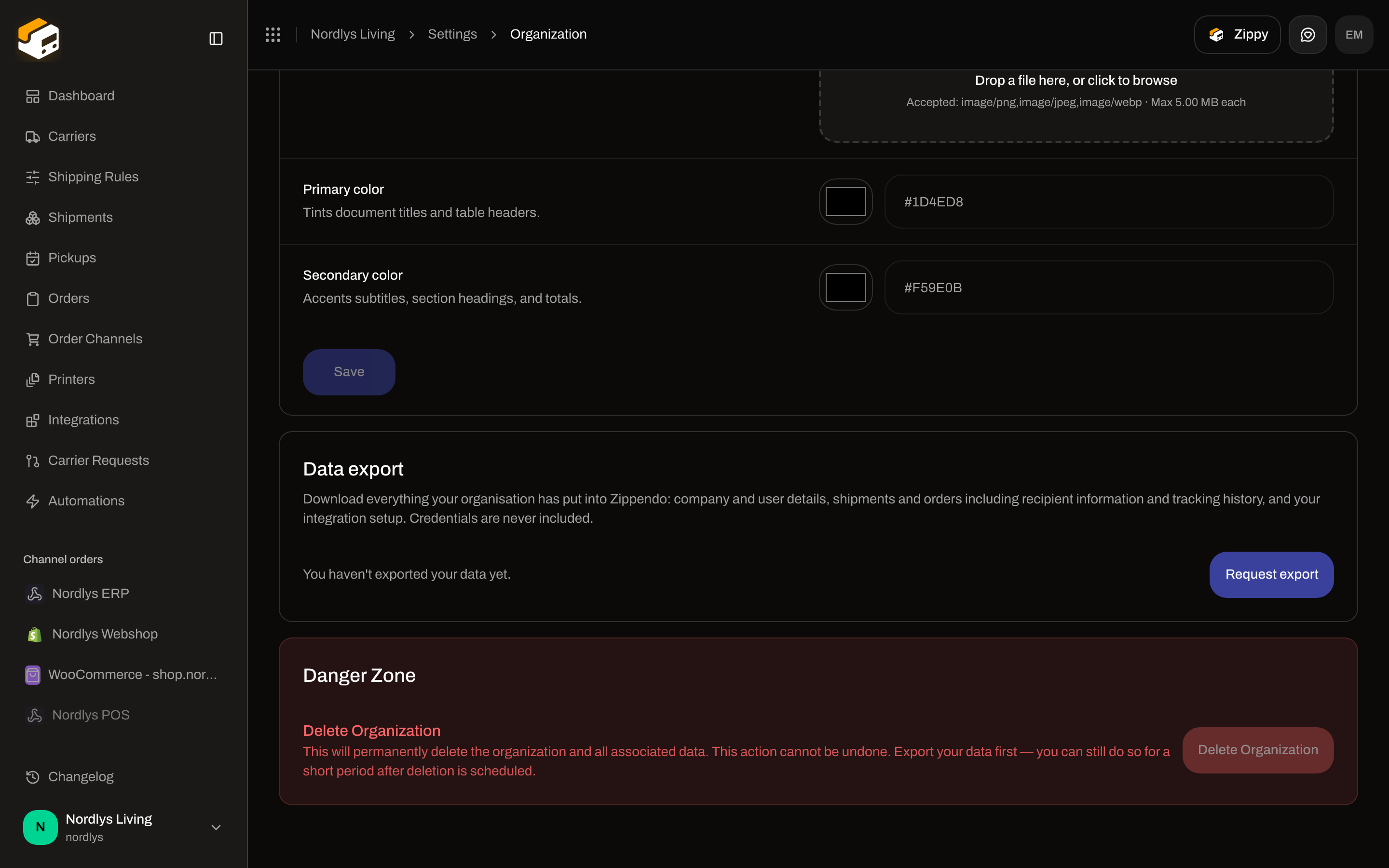 Data export card with status copy and Request export