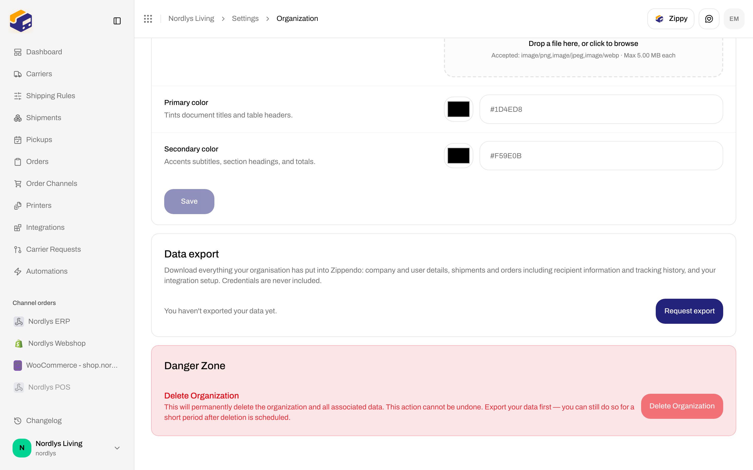 Data export card with status copy and Request export