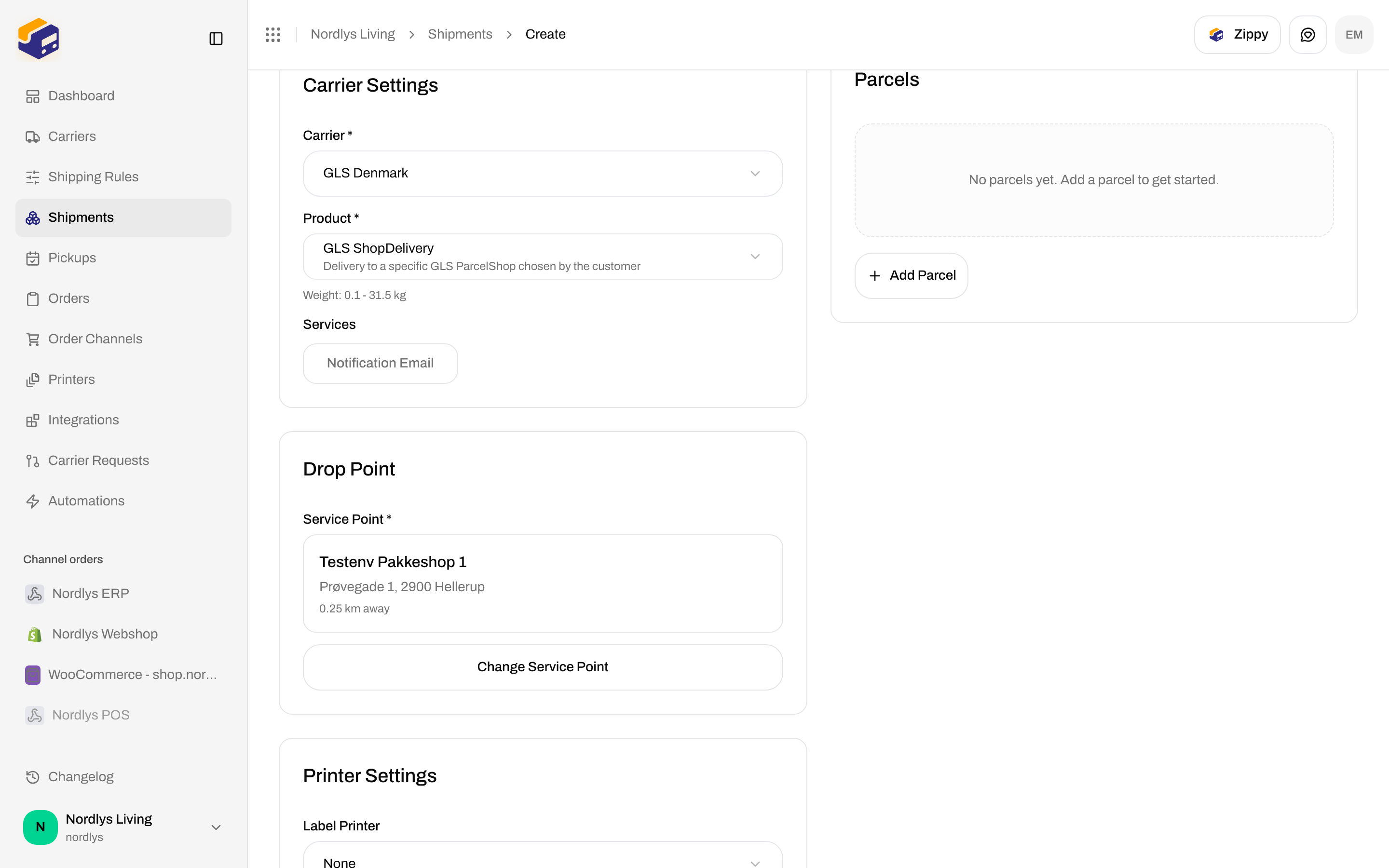 Drop Point card with Service Point selected, shop name, address, distance, and Change Service Point