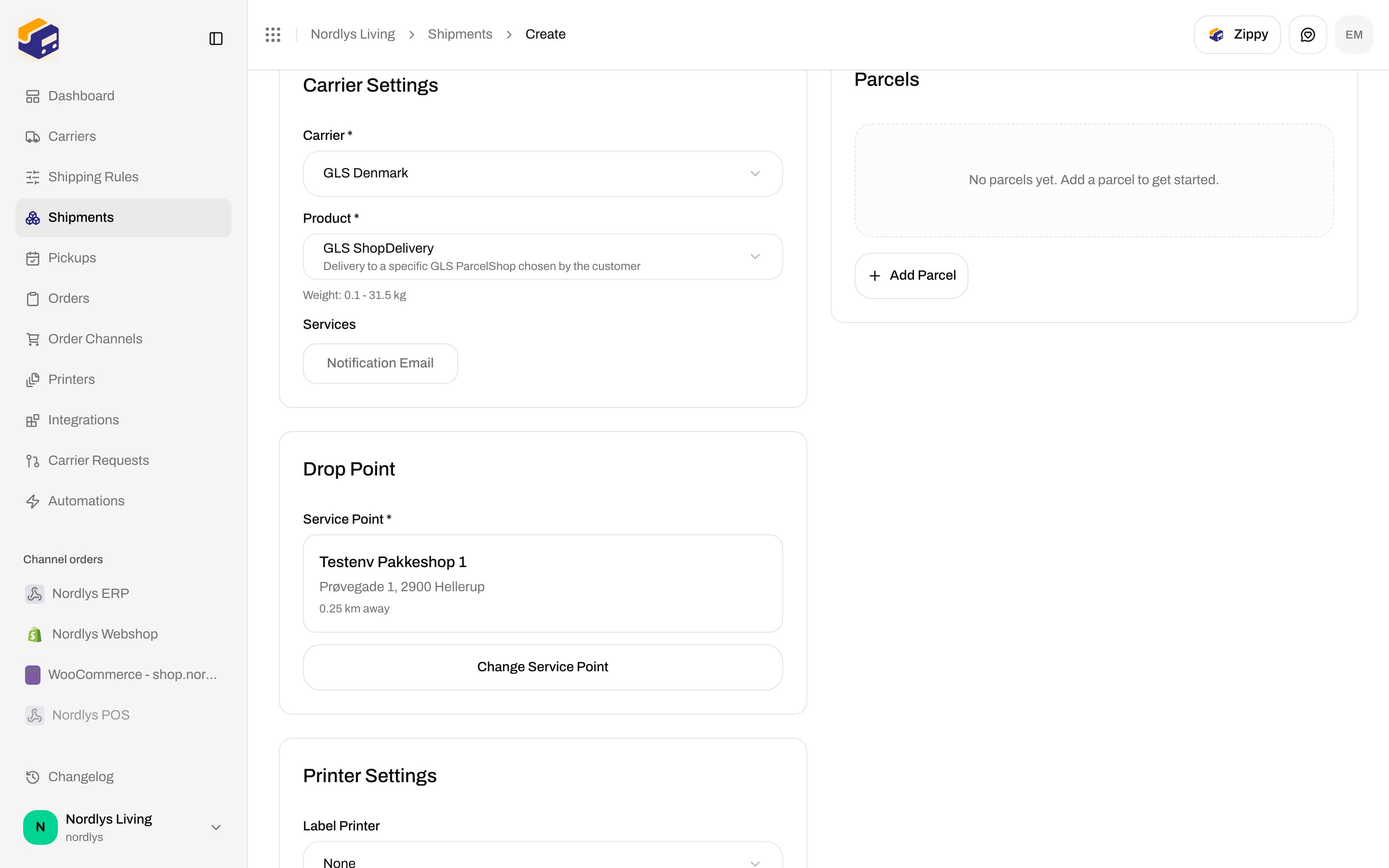 Drop Point card with Service Point selected, shop name, address, distance, and Change Service Point