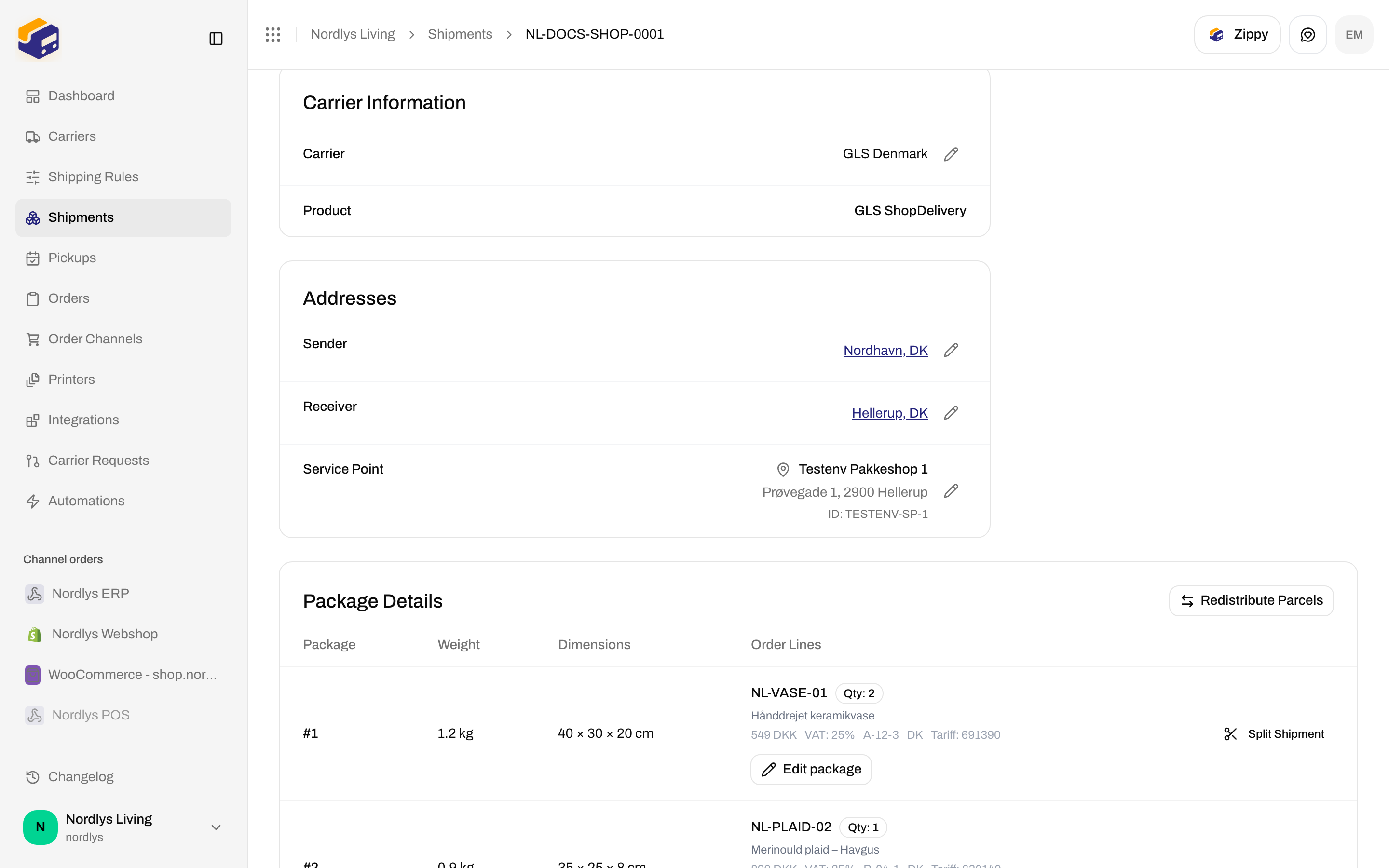 Addresses section with Sender, Receiver, and Service Point name, address, and ID