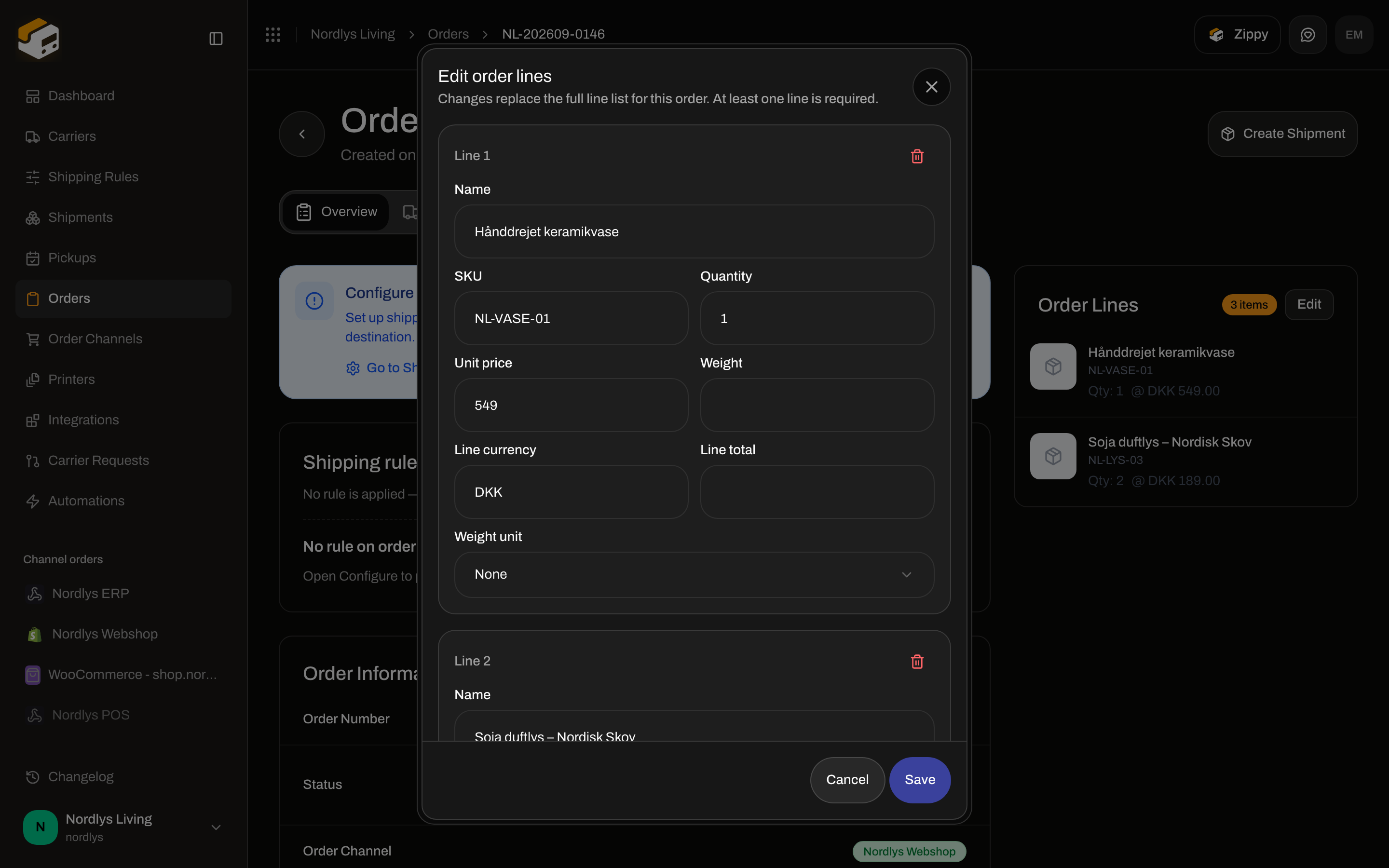 Edit order lines modal with Name, SKU, Quantity, Unit price, Weight, Line currency, Line total, Weight unit, and Add line