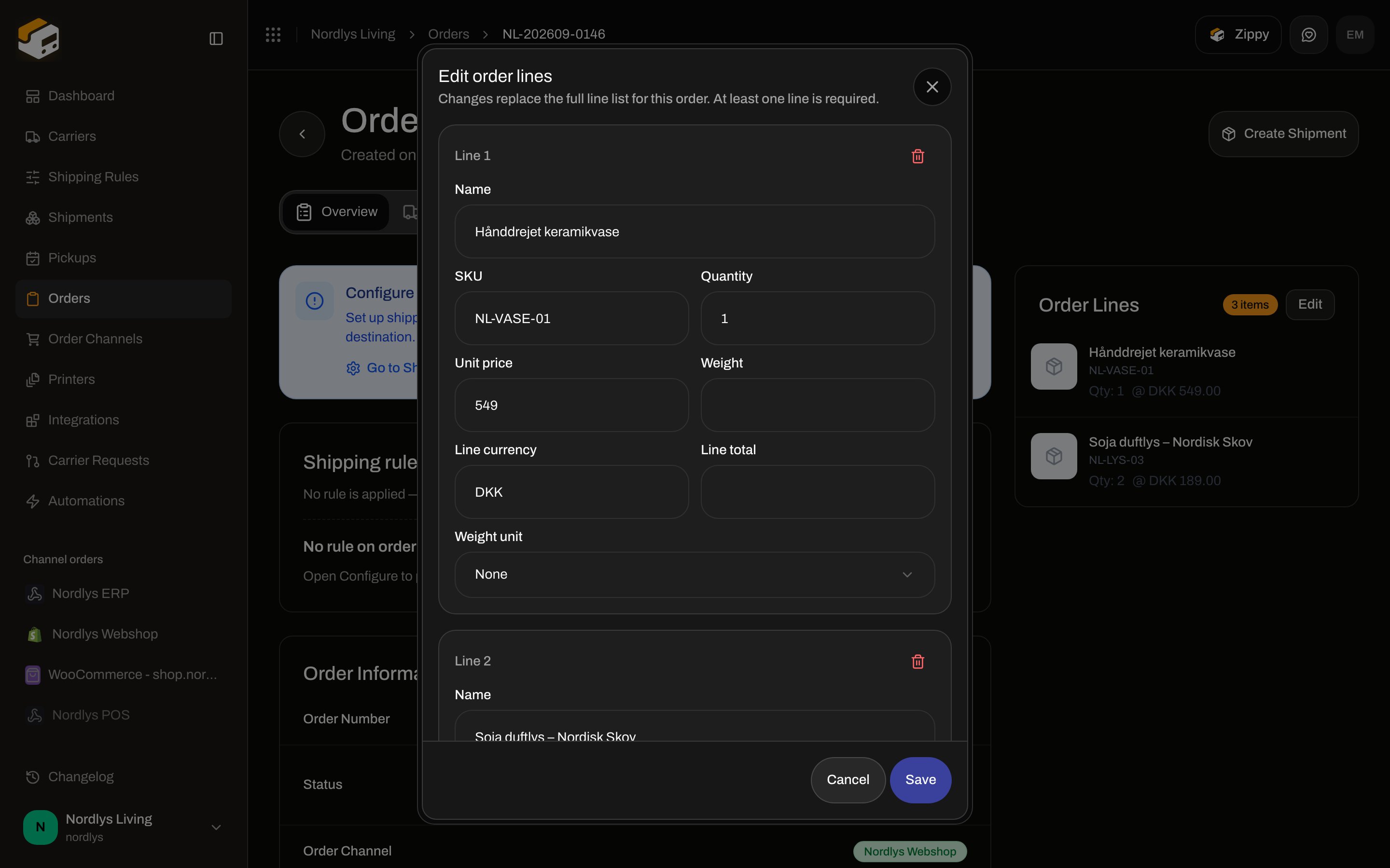 Edit order lines modal with Name, SKU, Quantity, Unit price, Weight, Line currency, Line total, Weight unit, and Add line