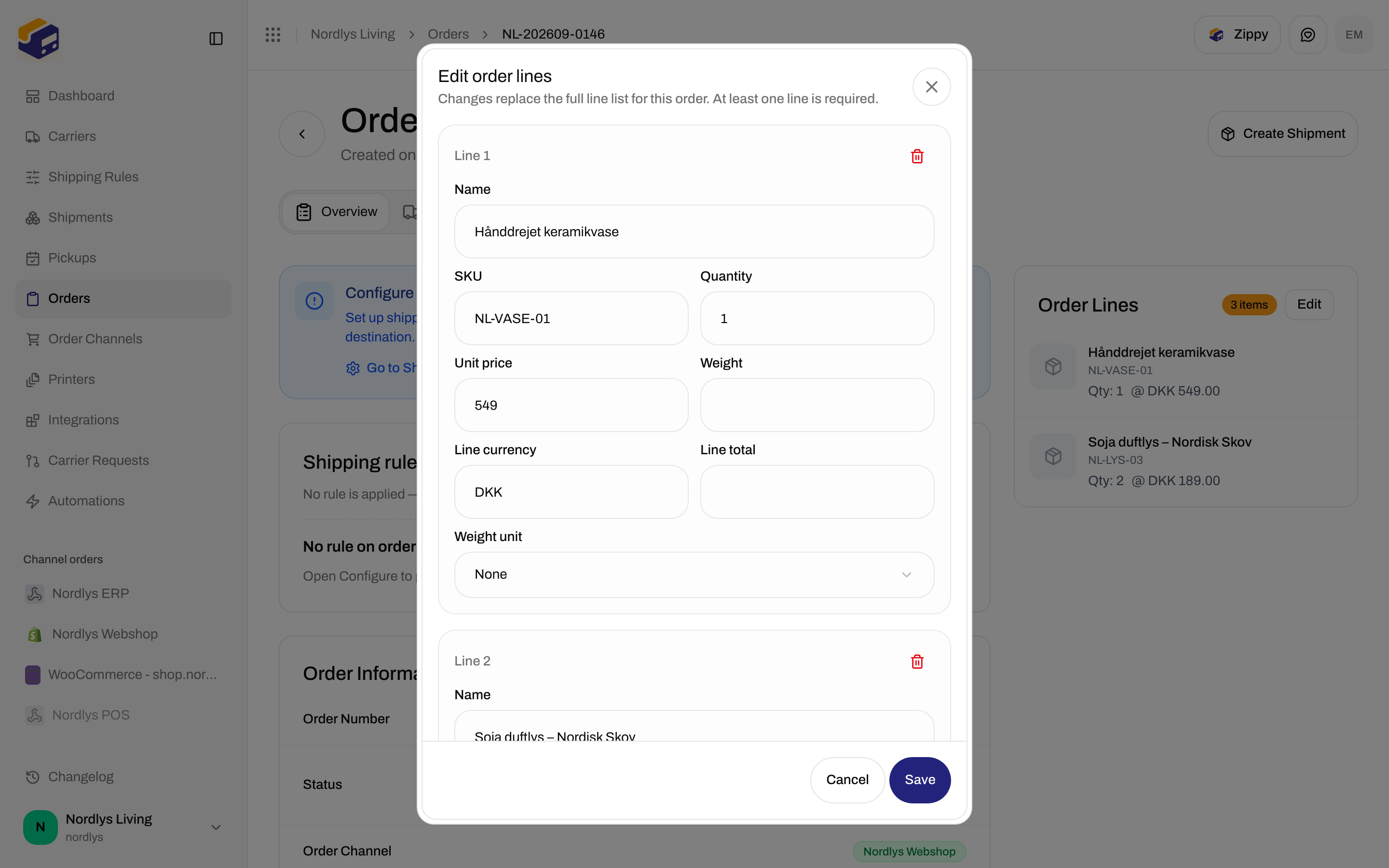 Edit order lines modal with Name, SKU, Quantity, Unit price, Weight, Line currency, Line total, Weight unit, and Add line