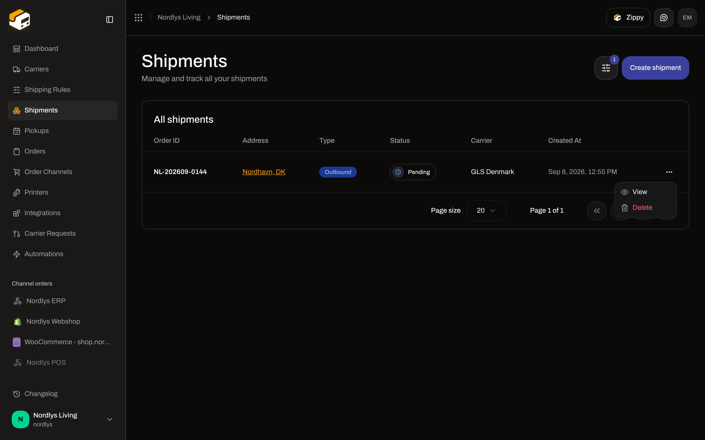 Shipments table row menu with View and Delete
