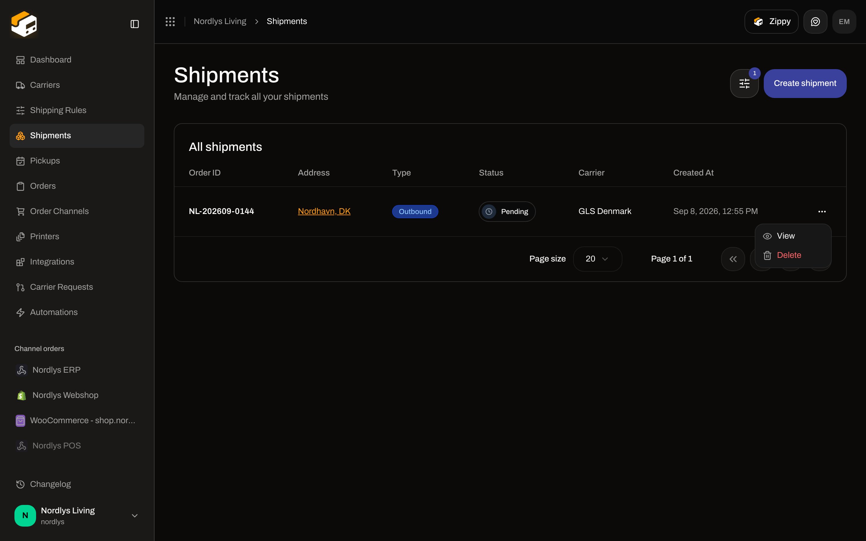 Shipments table row menu with View and Delete