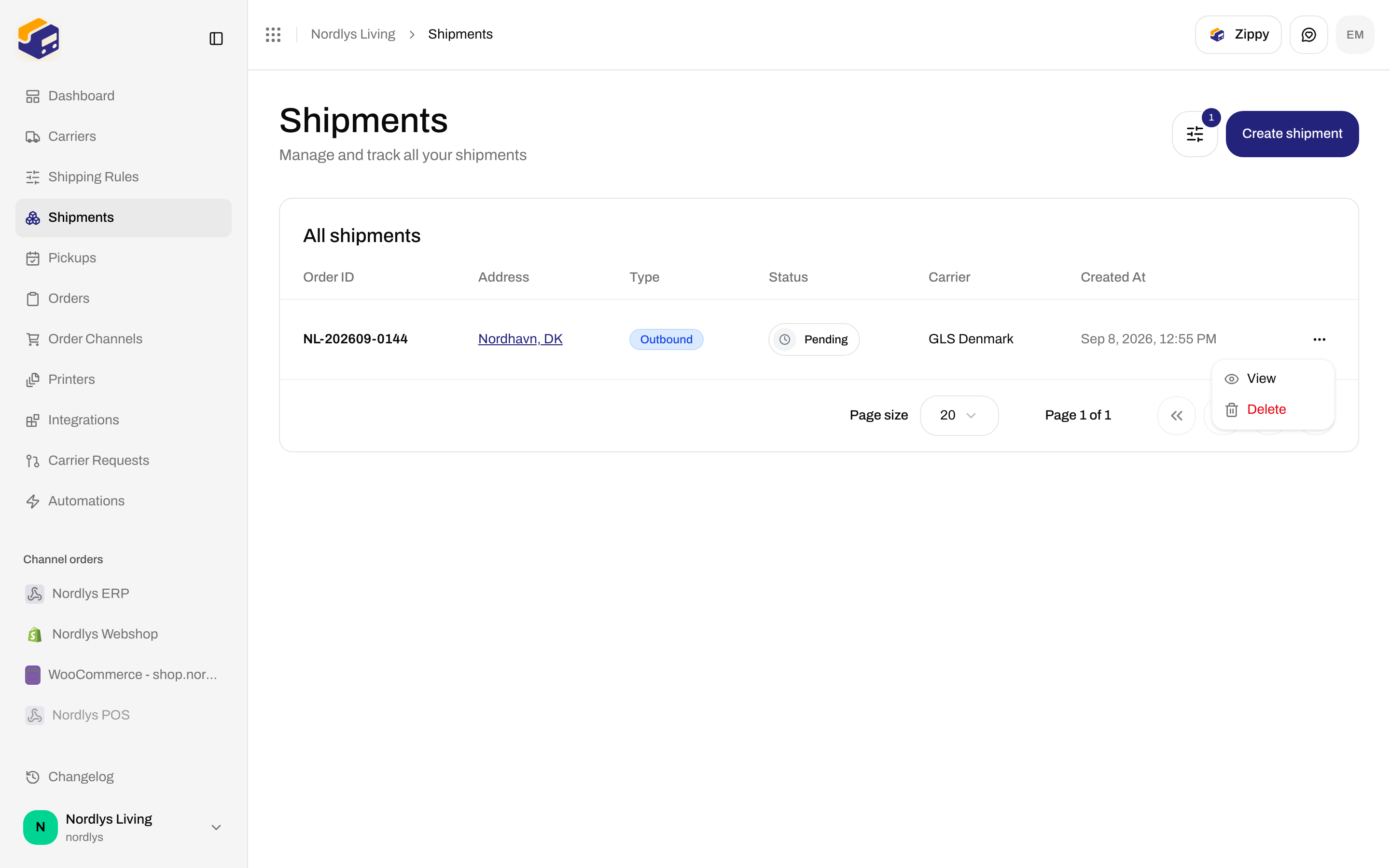 Shipments table row menu with View and Delete