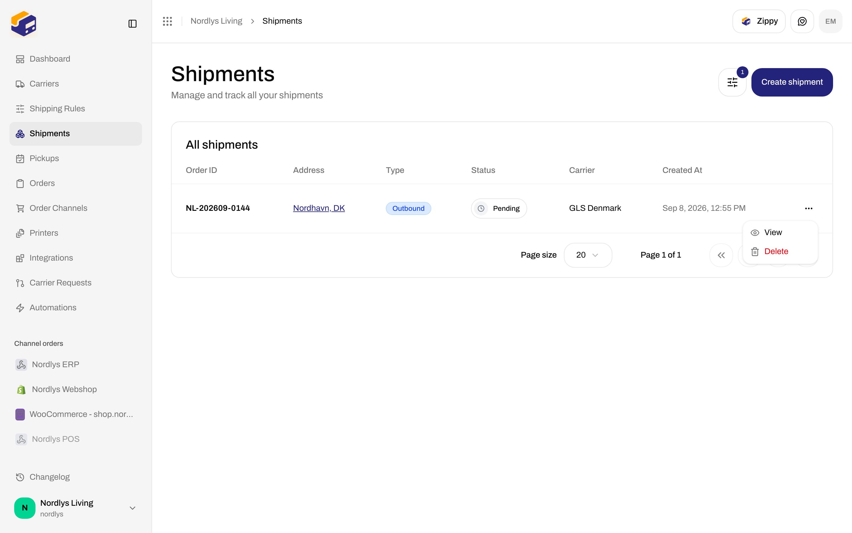 Shipments table row menu with View and Delete