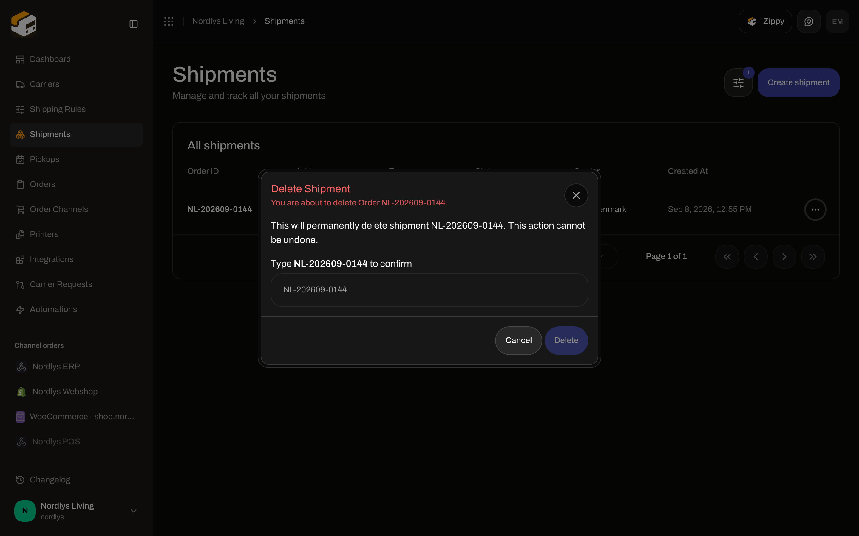 Delete Shipment confirmation asking to type the shipment reference