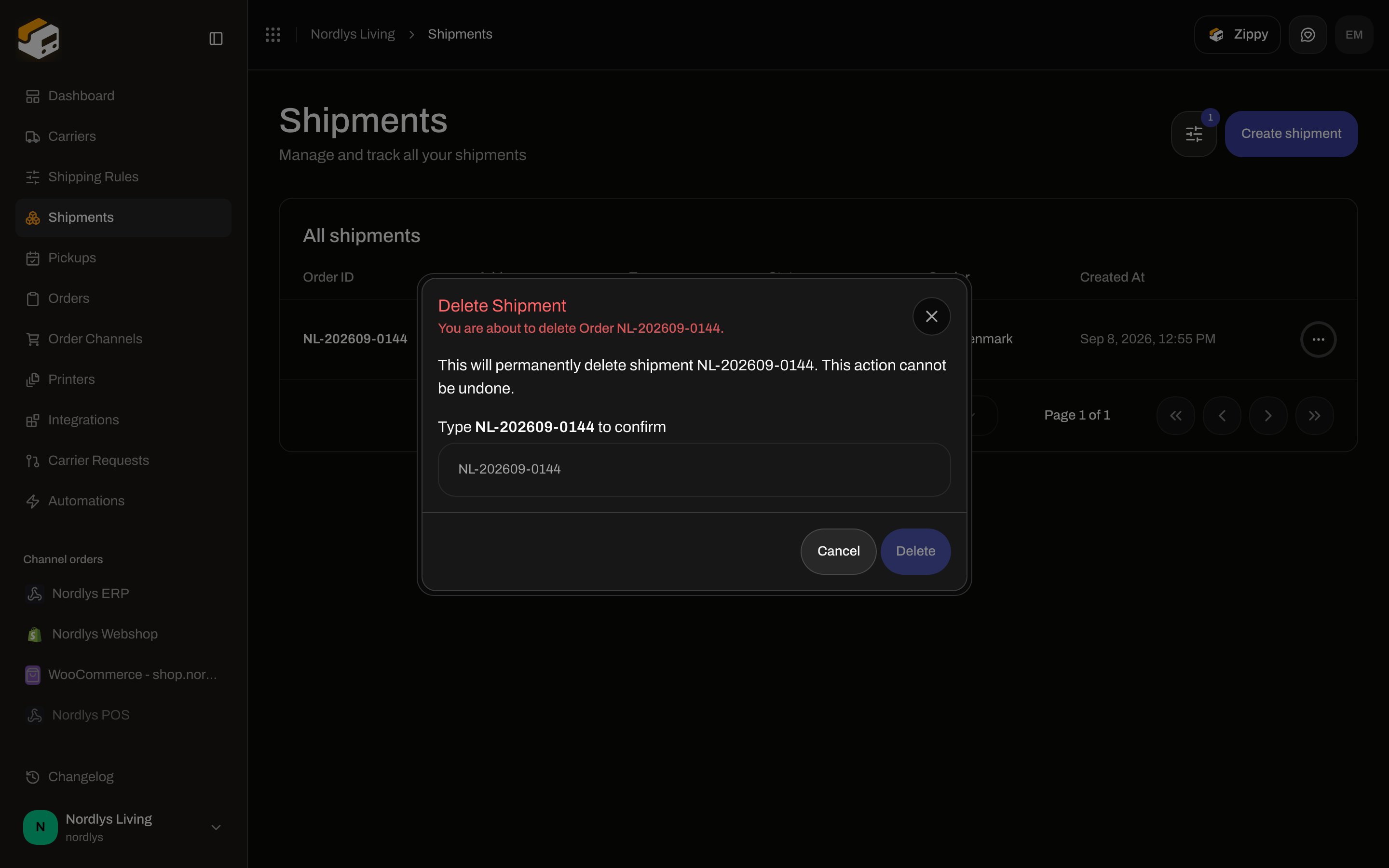 Delete Shipment confirmation asking to type the shipment reference