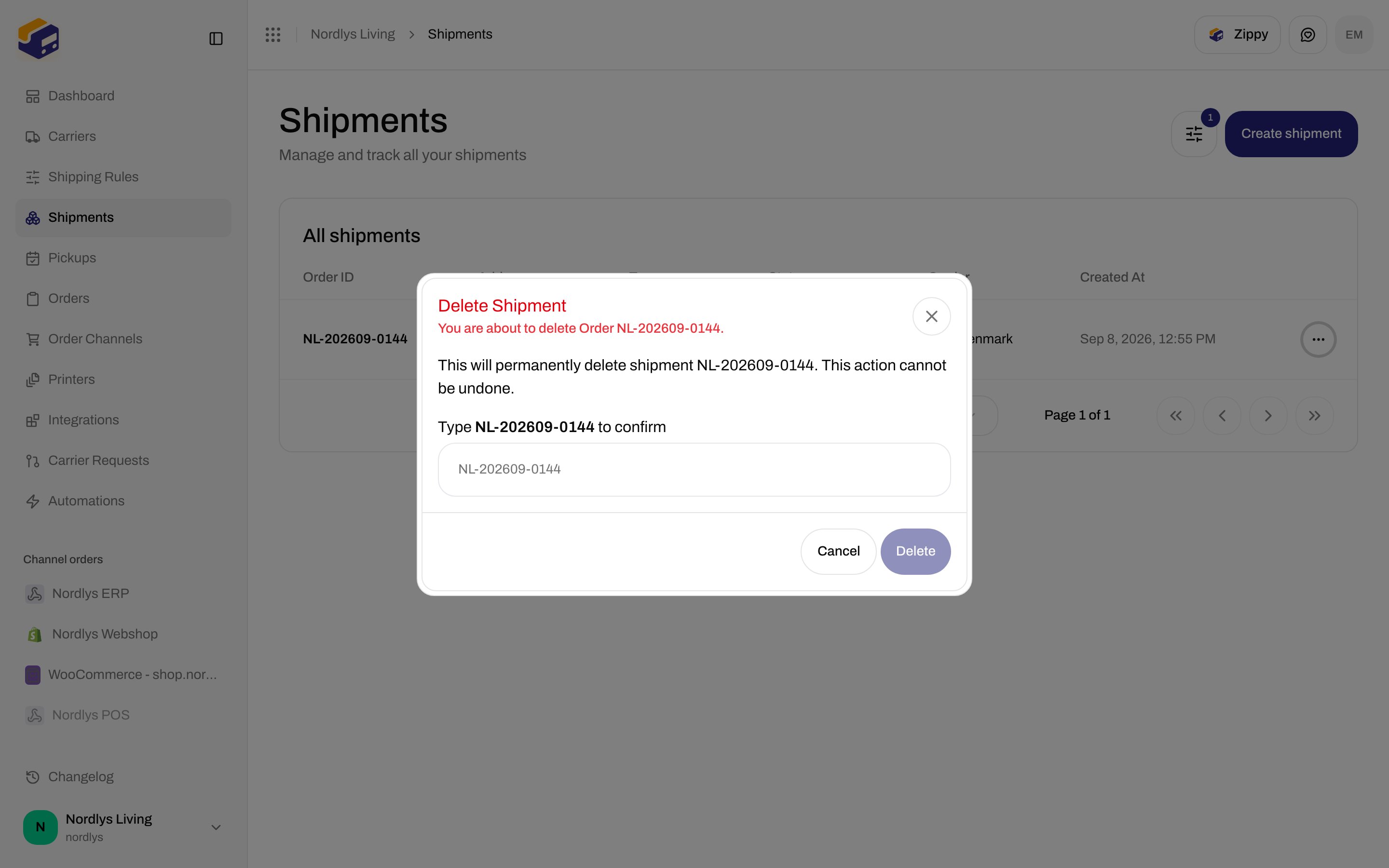 Delete Shipment confirmation asking to type the shipment reference