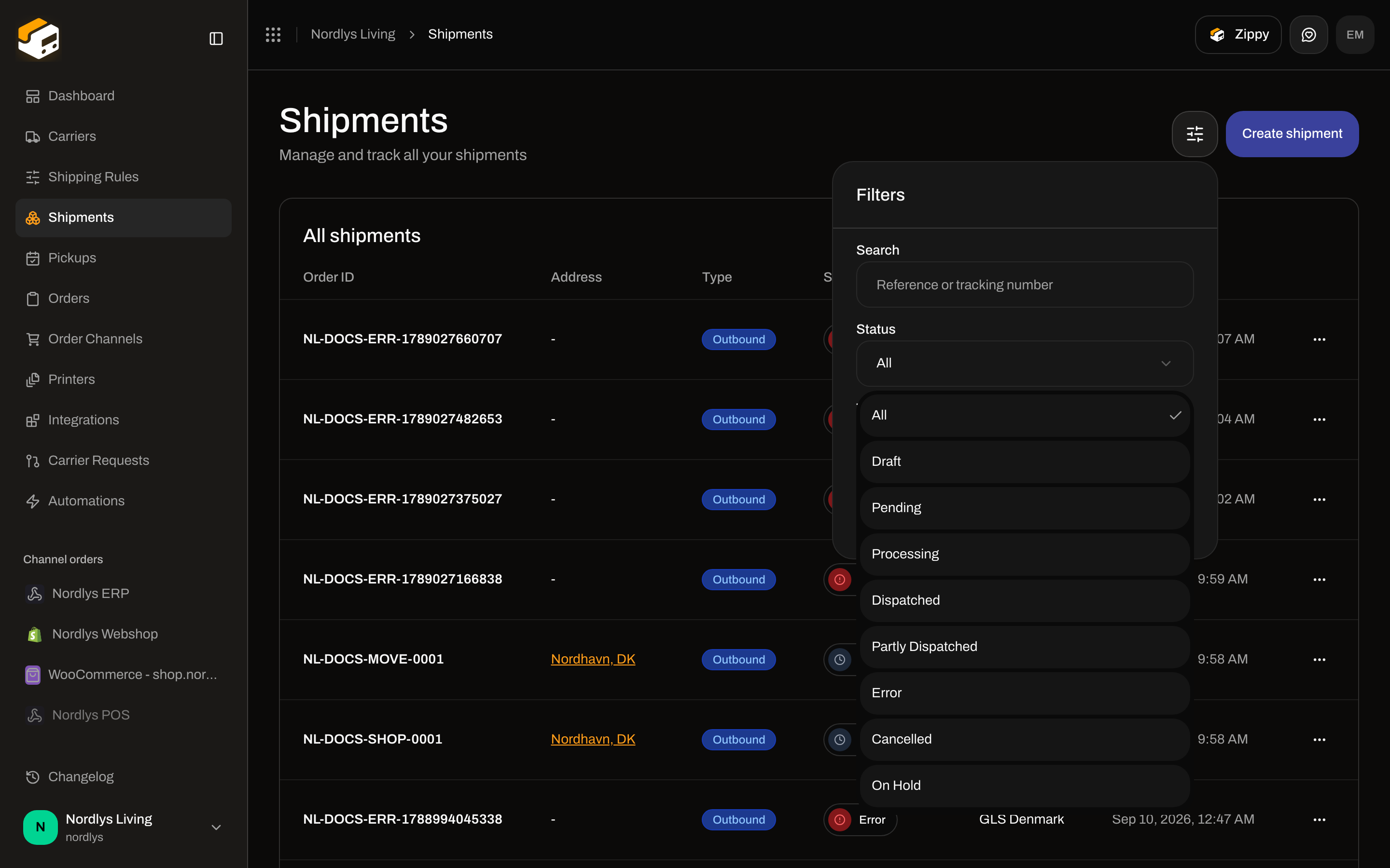 Filters popover with Status options including Cancelled and On Hold