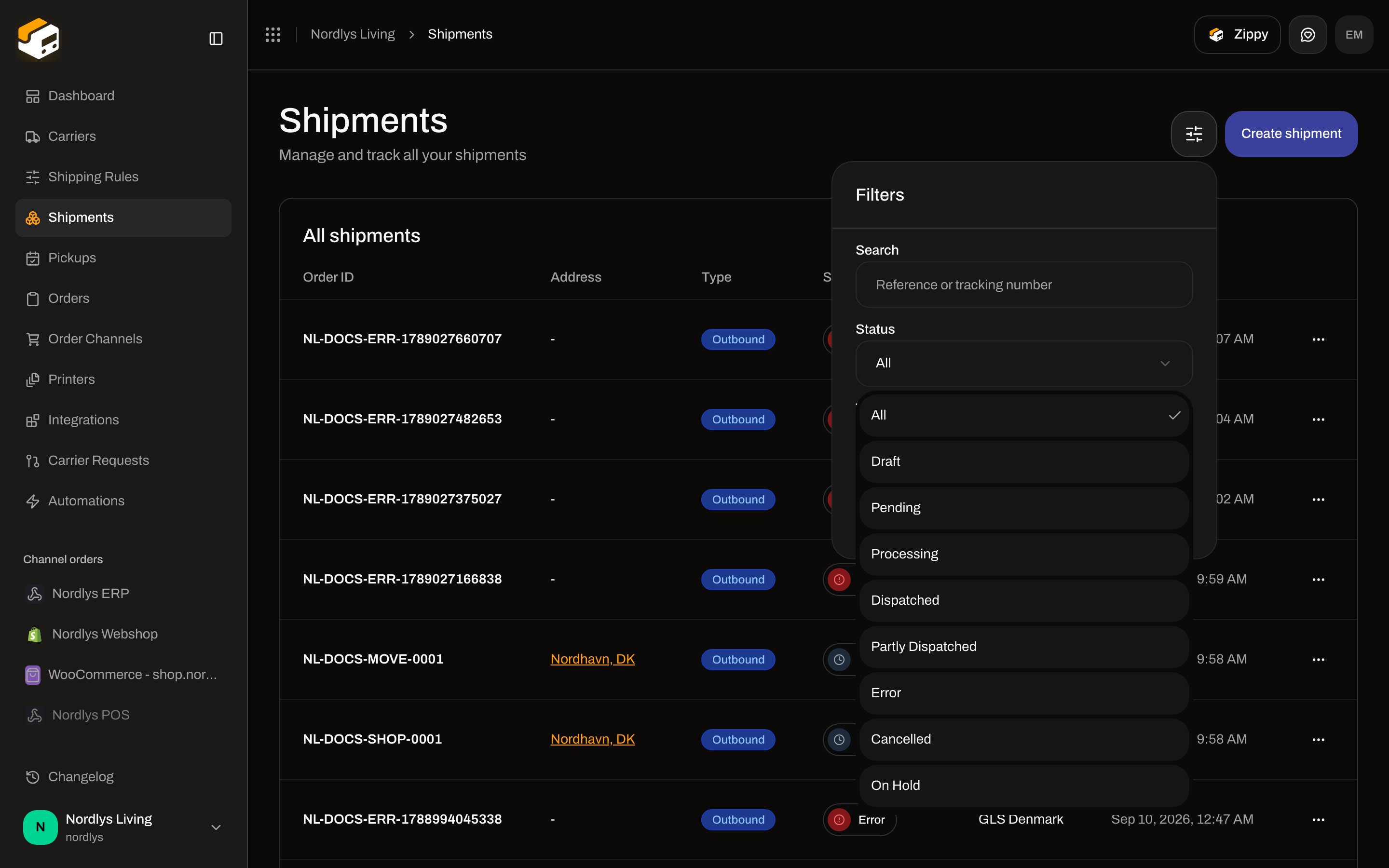 Filters popover with Status options including Cancelled and On Hold
