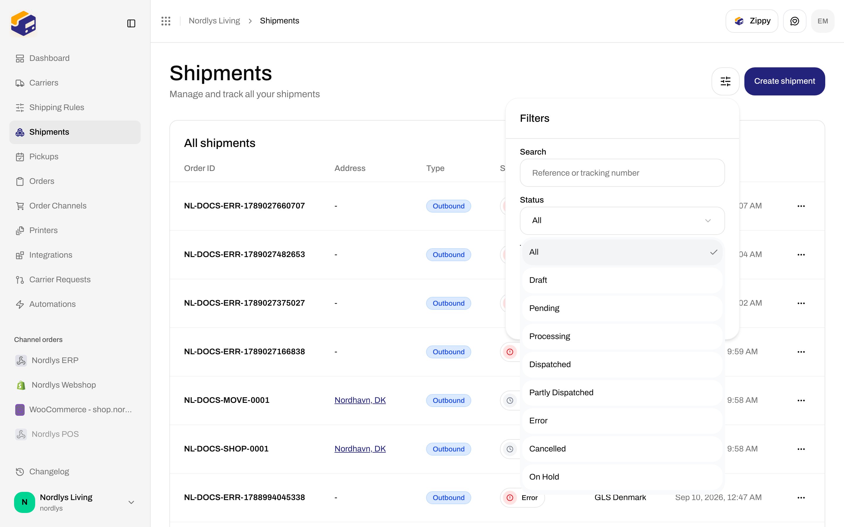 Filters popover with Status options including Cancelled and On Hold