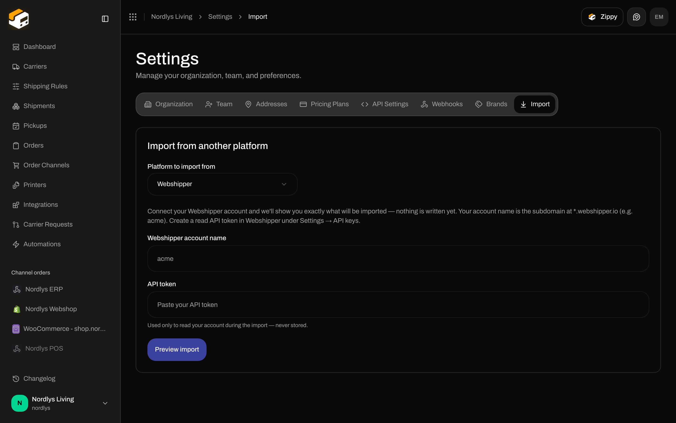 Import from another platform with Platform to import from set to Webshipper, account name, API token, and Preview import