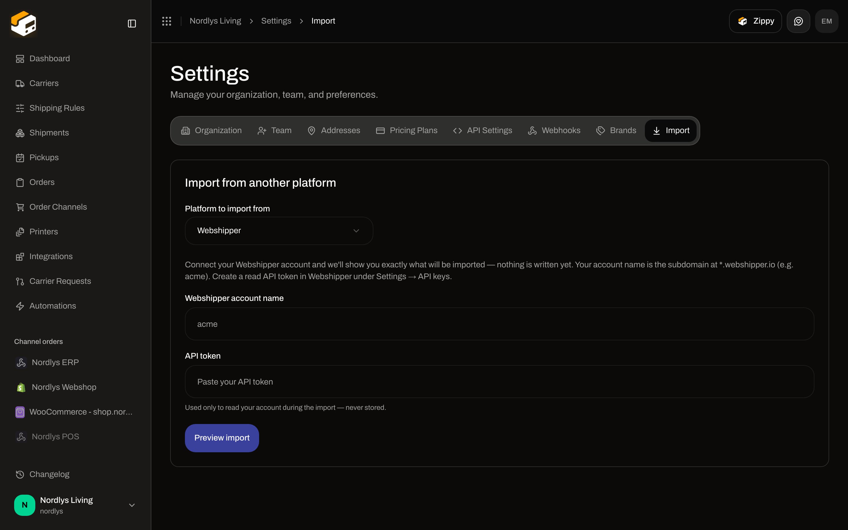 Import from another platform with Platform to import from set to Webshipper, account name, API token, and Preview import