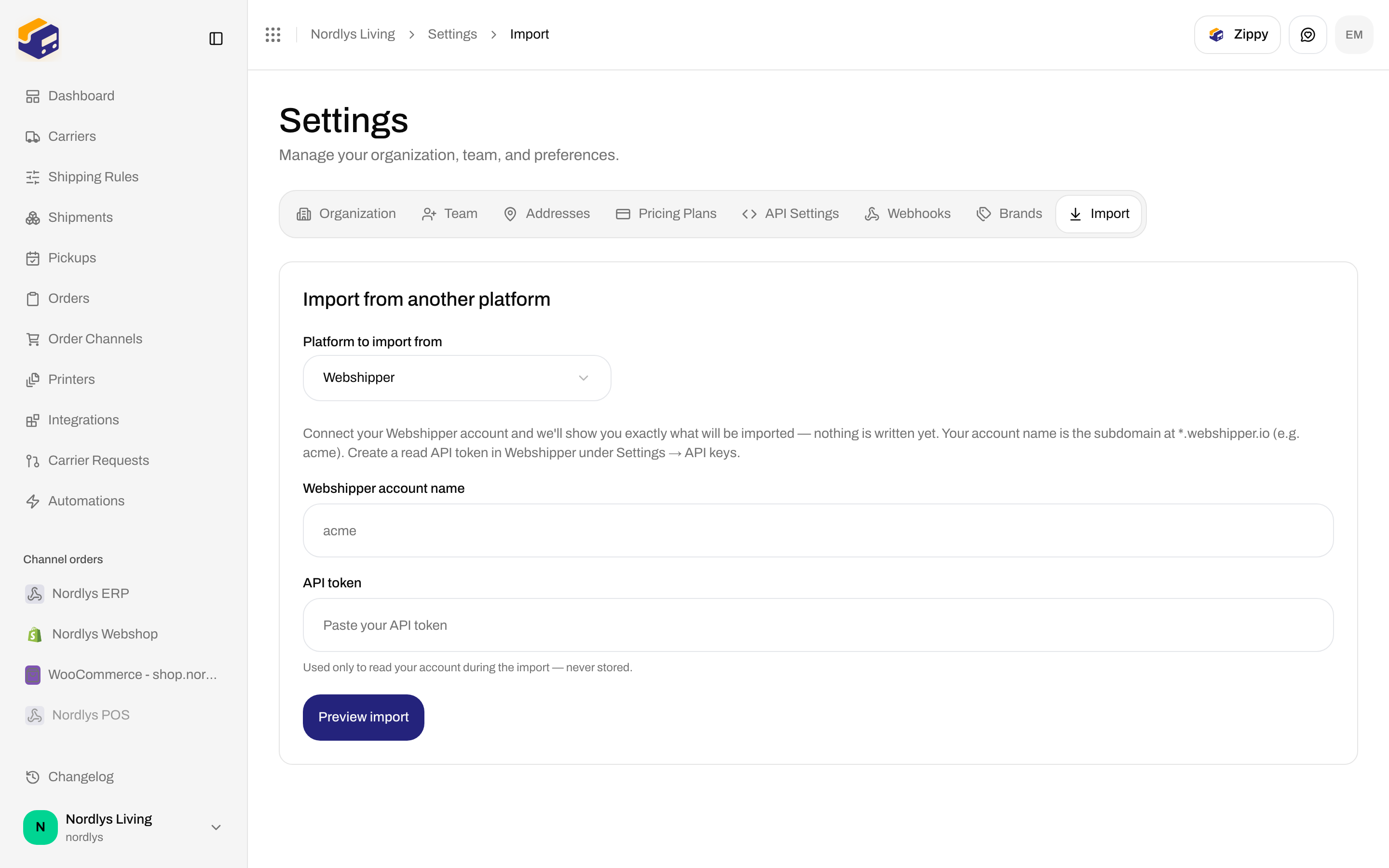 Import from another platform with Platform to import from set to Webshipper, account name, API token, and Preview import