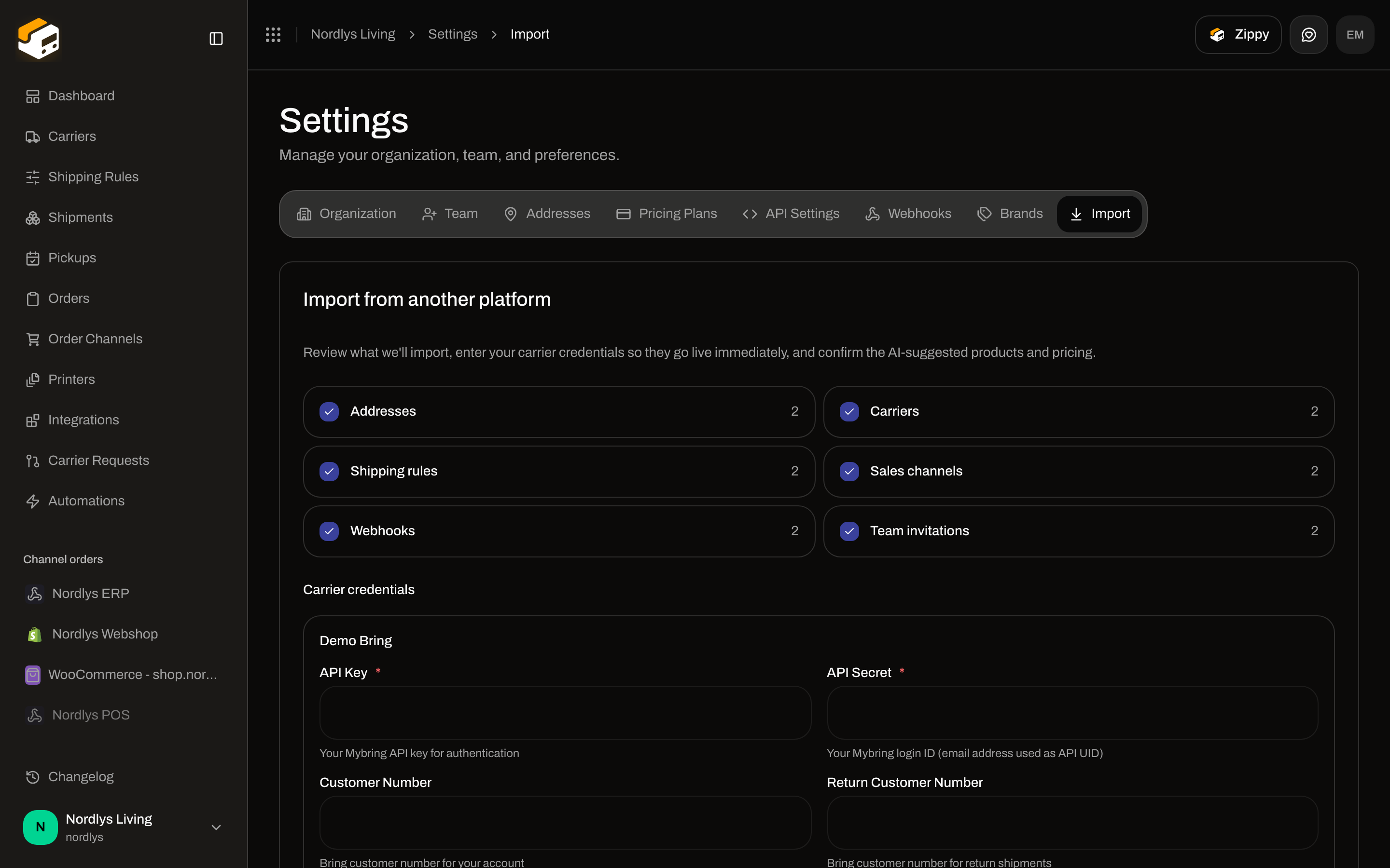 Import review with Addresses, Carriers, Shipping rules, Sales channels, Webhooks, and Team invitations checkboxes plus Start import