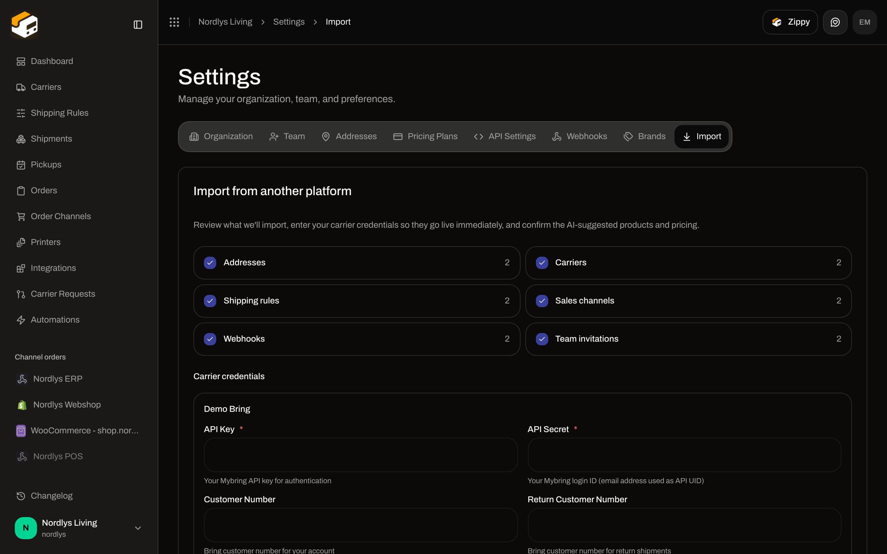 Import review with Addresses, Carriers, Shipping rules, Sales channels, Webhooks, and Team invitations checkboxes plus Start import