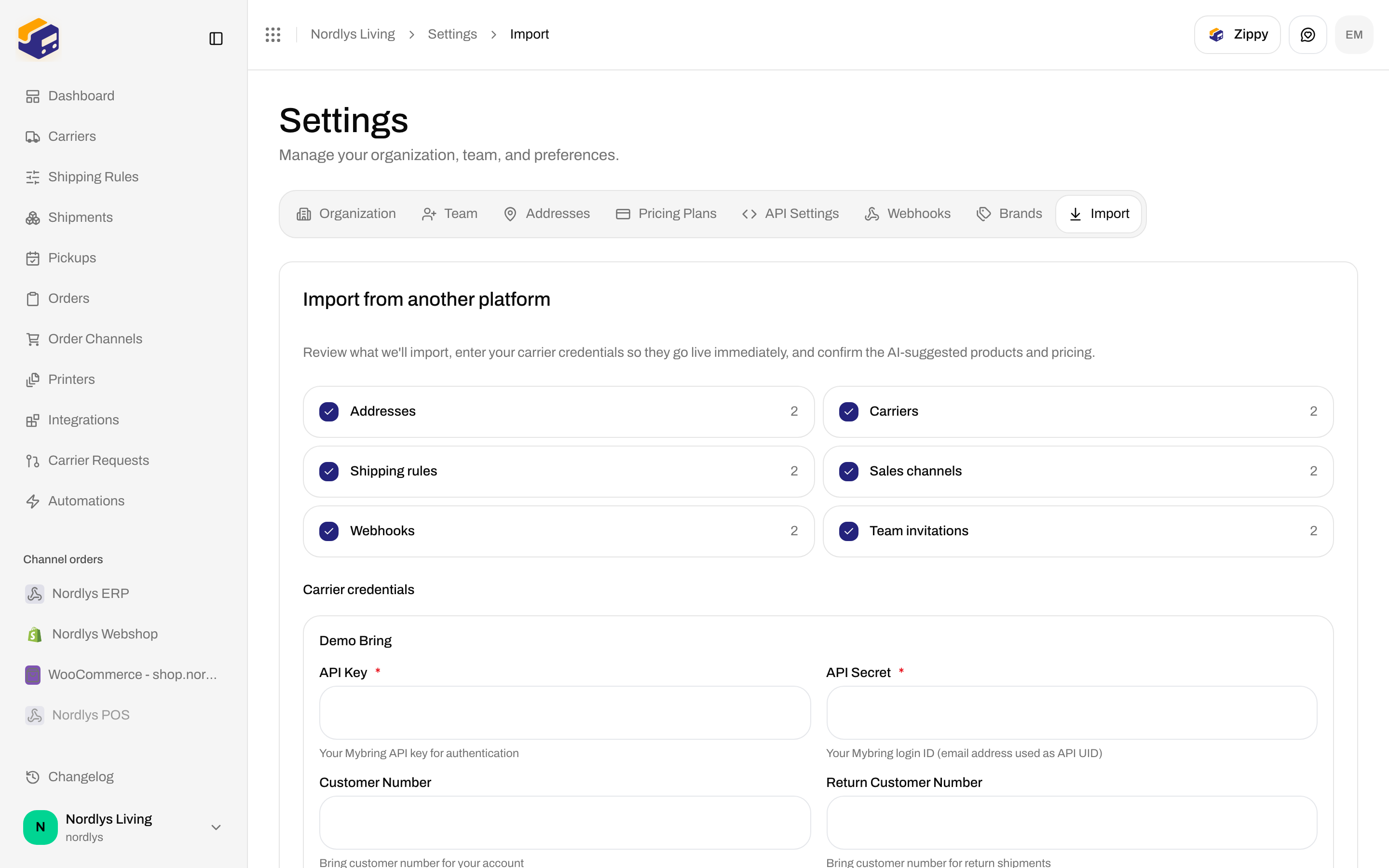 Import review with Addresses, Carriers, Shipping rules, Sales channels, Webhooks, and Team invitations checkboxes plus Start import