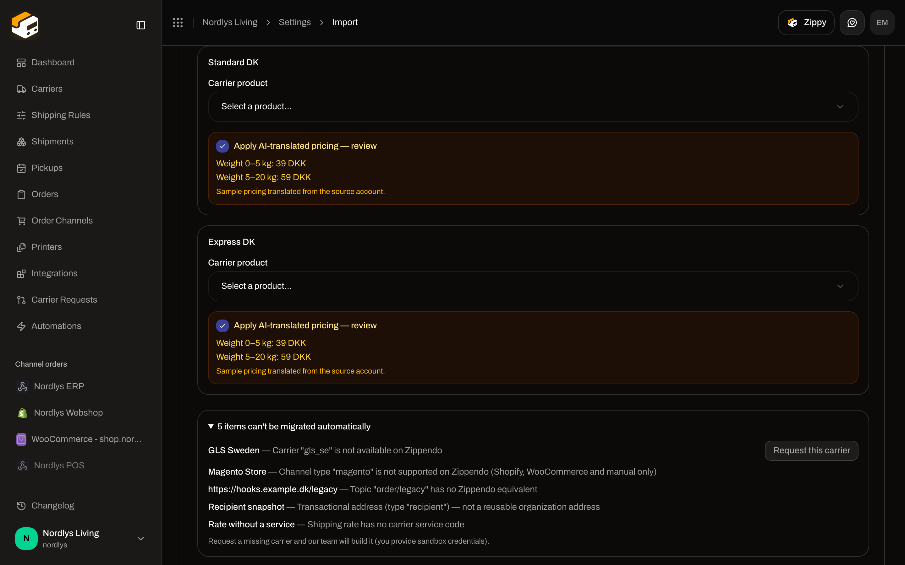 Skipped items details with counts of items that cannot migrate automatically and Request this carrier