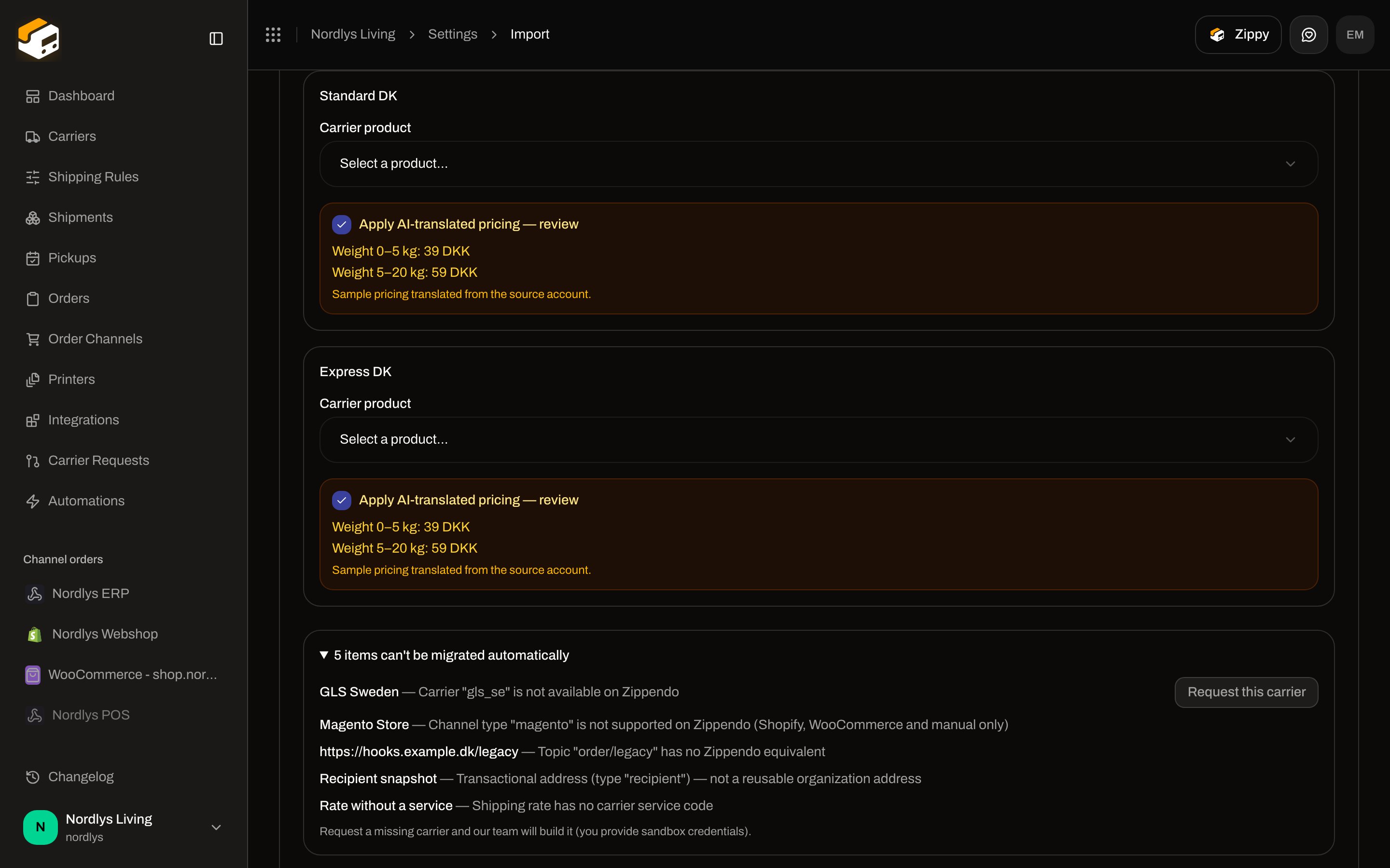 Skipped items details with counts of items that cannot migrate automatically and Request this carrier