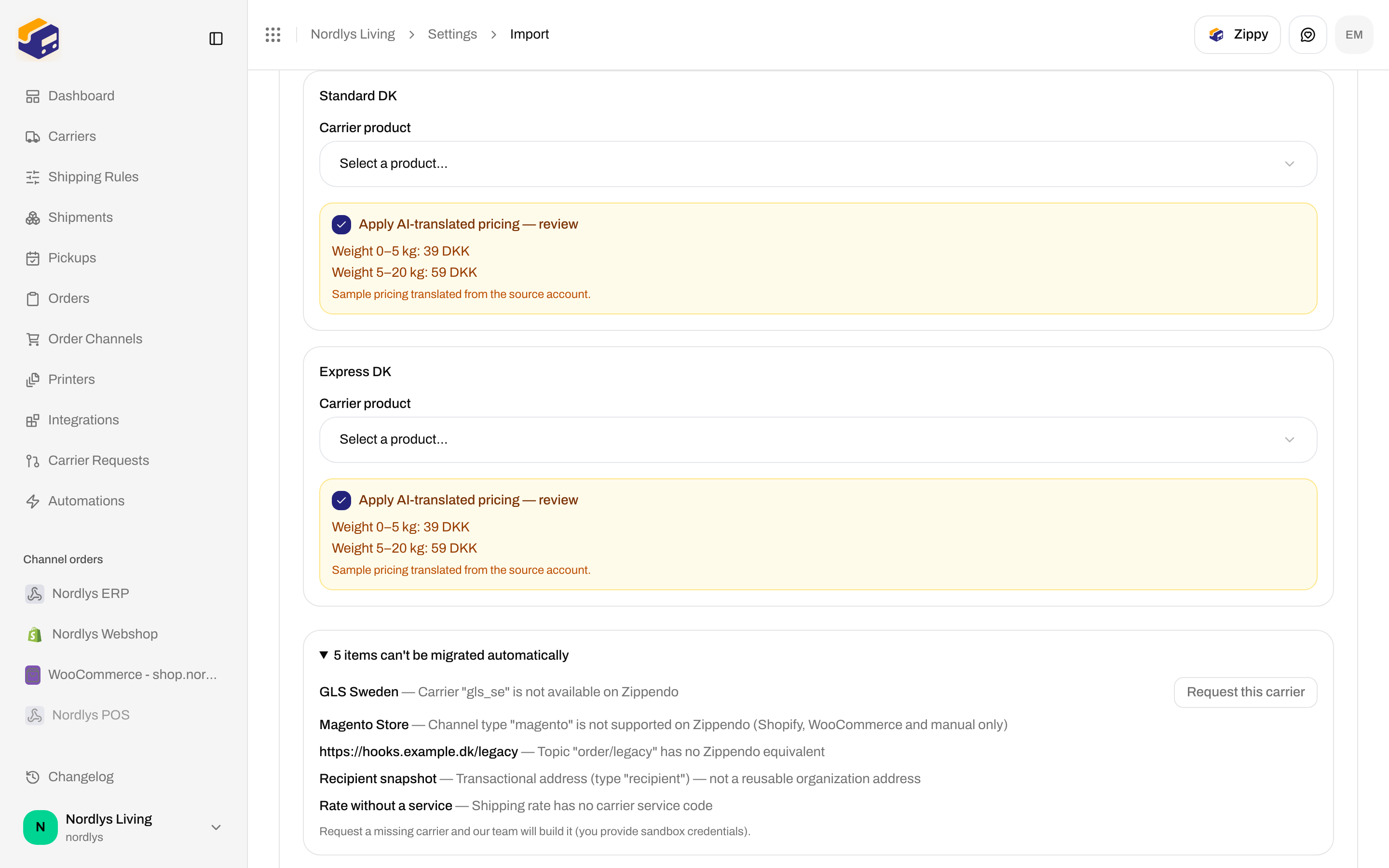 Skipped items details with counts of items that cannot migrate automatically and Request this carrier