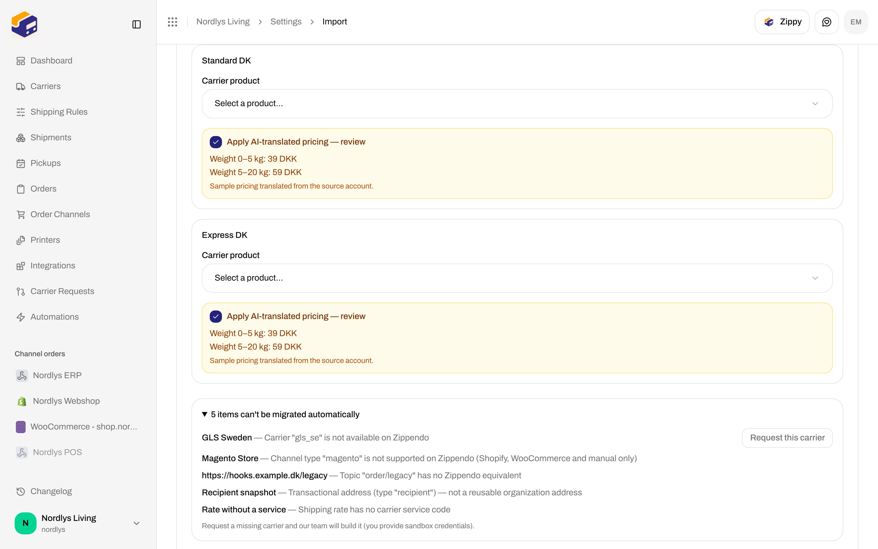 Skipped items details with counts of items that cannot migrate automatically and Request this carrier